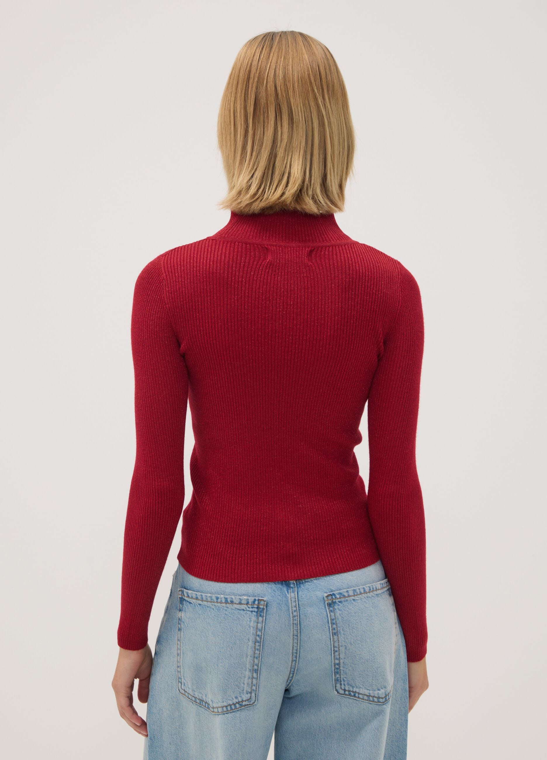 Red ribbed viscose-blend top with high neck