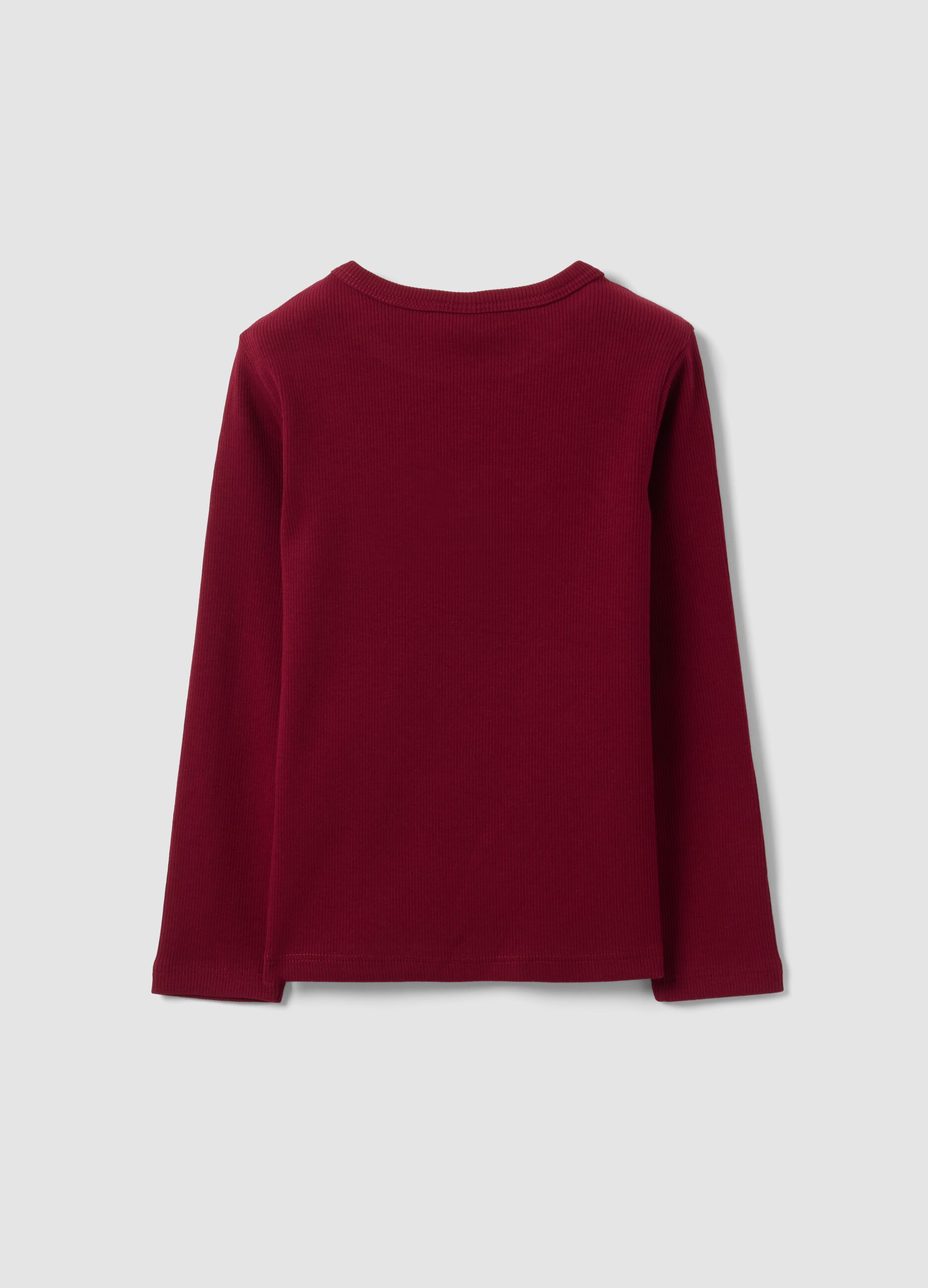 Red stretch organic cotton crew-neck T-shirt with teddy bear embroidery