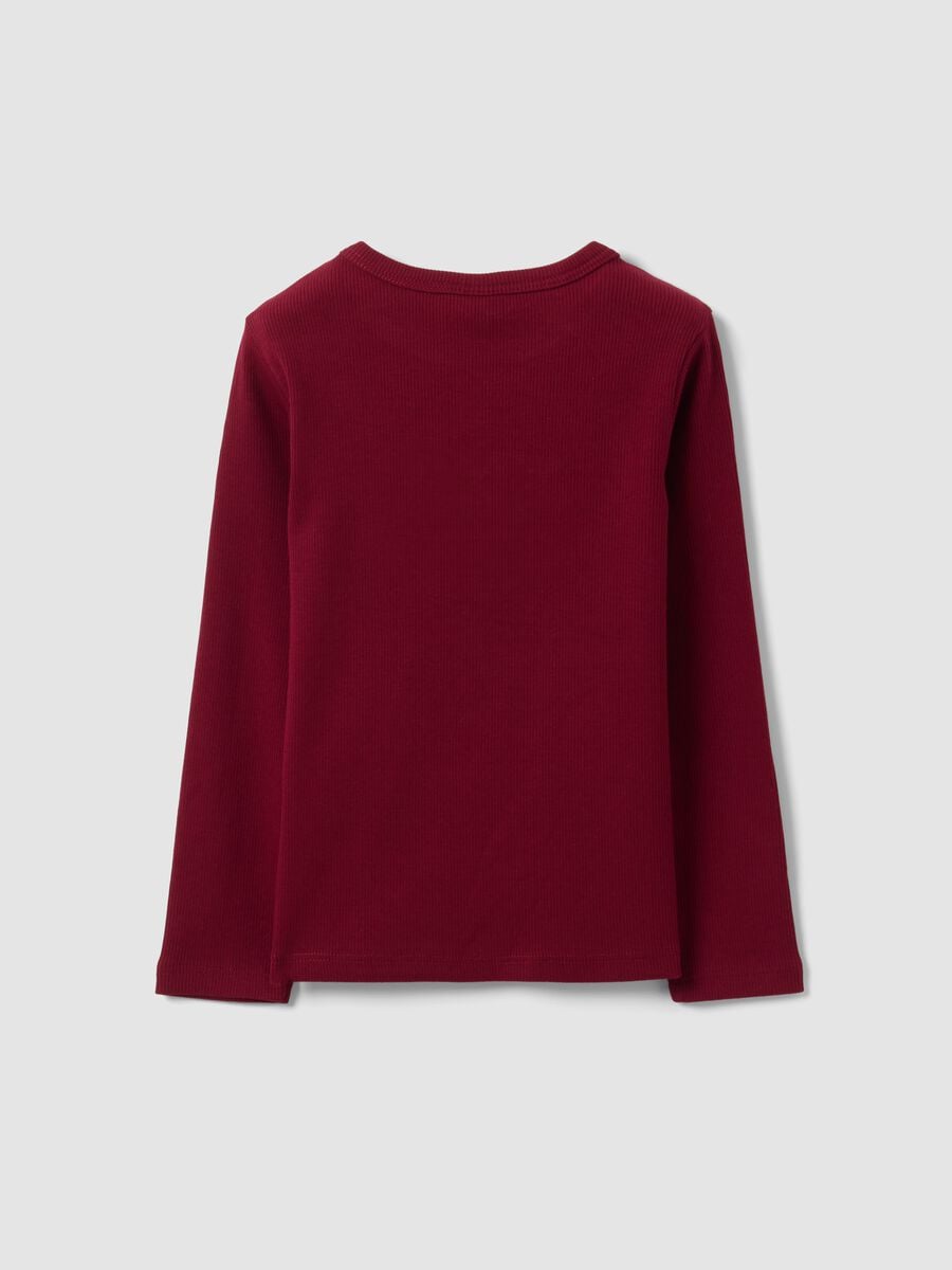 T-shirt rossa in cotone organico elasticizzato a girocollo con ricami orsetti_1