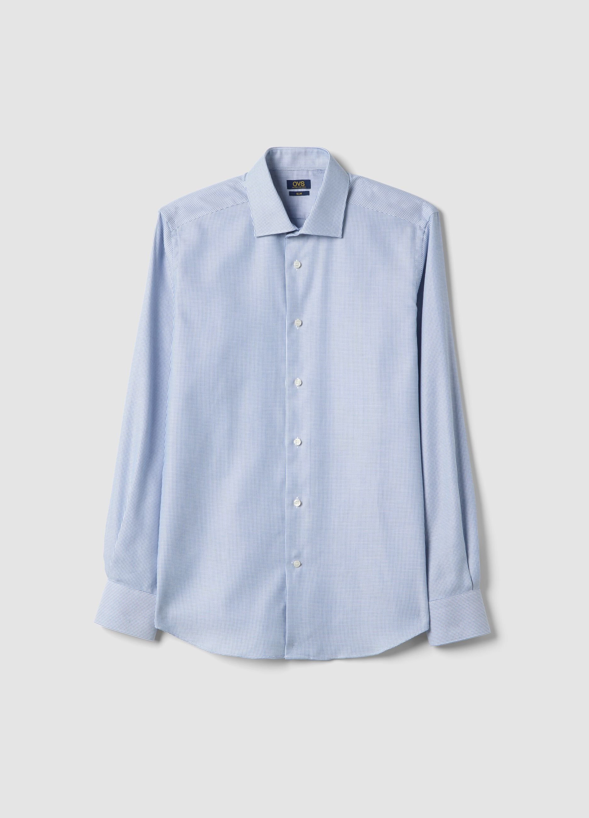 Light blue slim fit cotton shirt with micro-checks