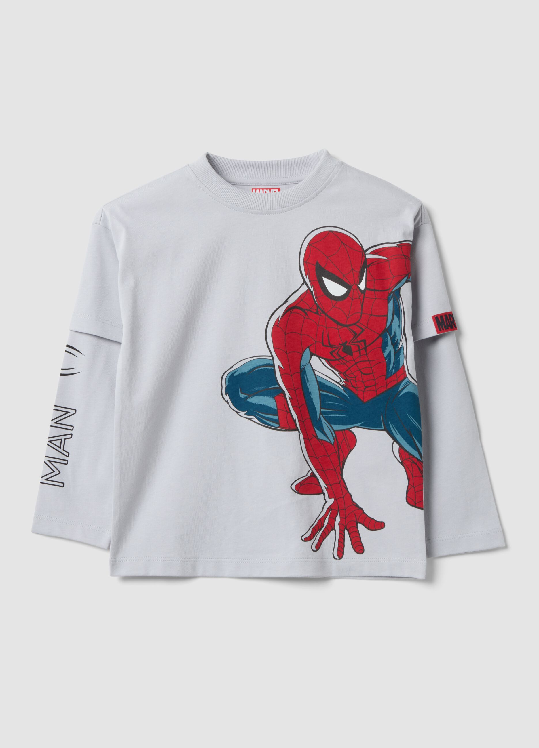 Boys&rsquo; grey long-sleeved pure cotton T-shirt with Spider-Man print