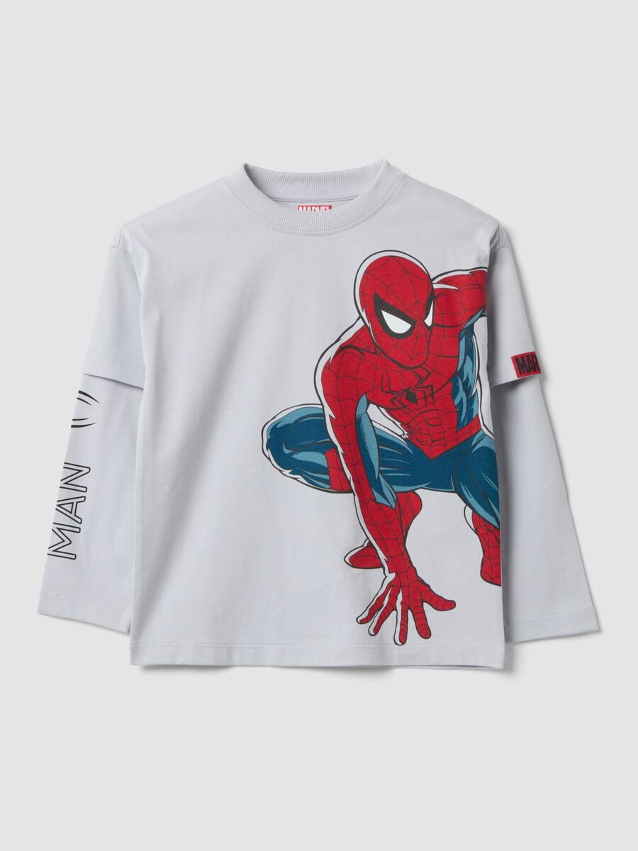 T-shirt grigia a maniche lunghe in puro cotone con stampa Spider-Man per bambino_0