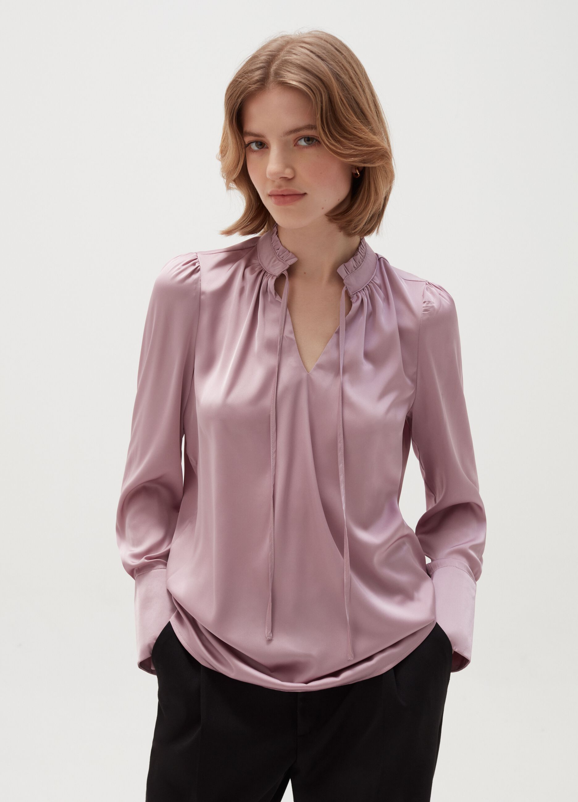 Satin blouse with flounce