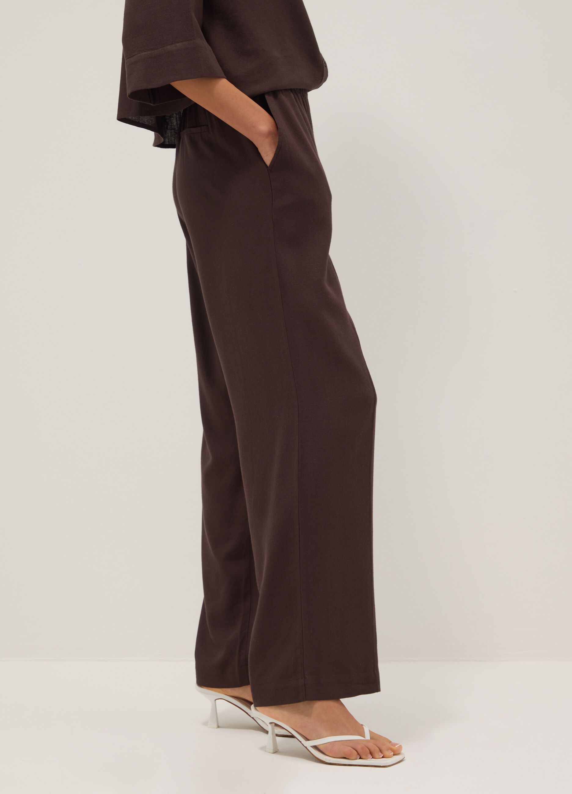 Brown viscose and linen-blend straight-fit trousers