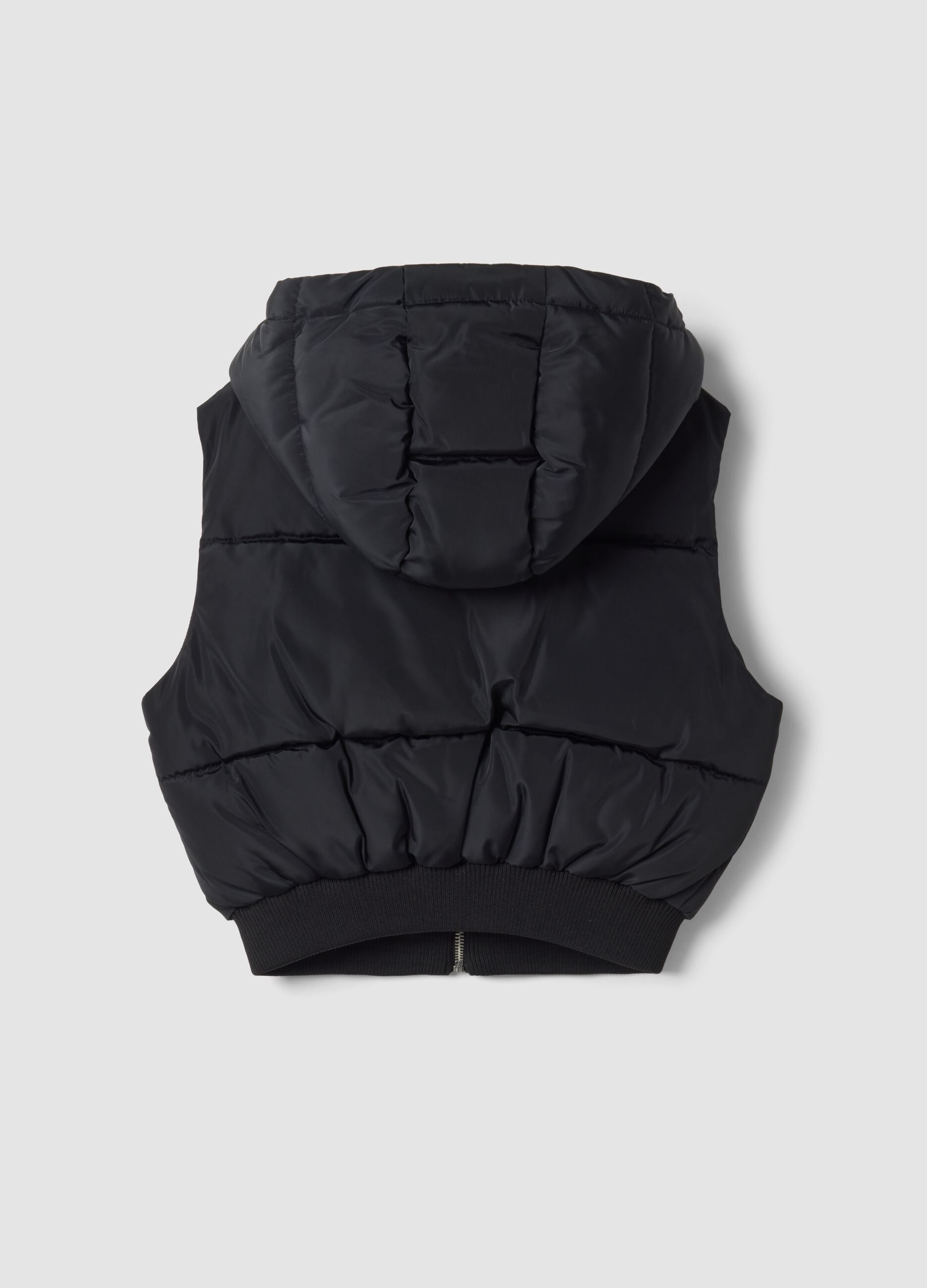 Black padded gilet with hood and zip