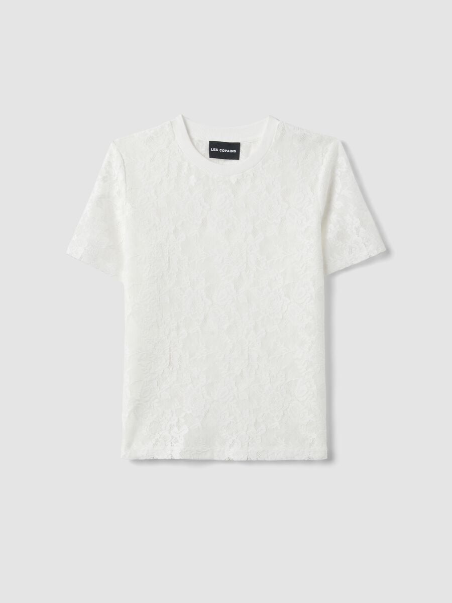 White regular fit t-shirt with floral net pattern_4