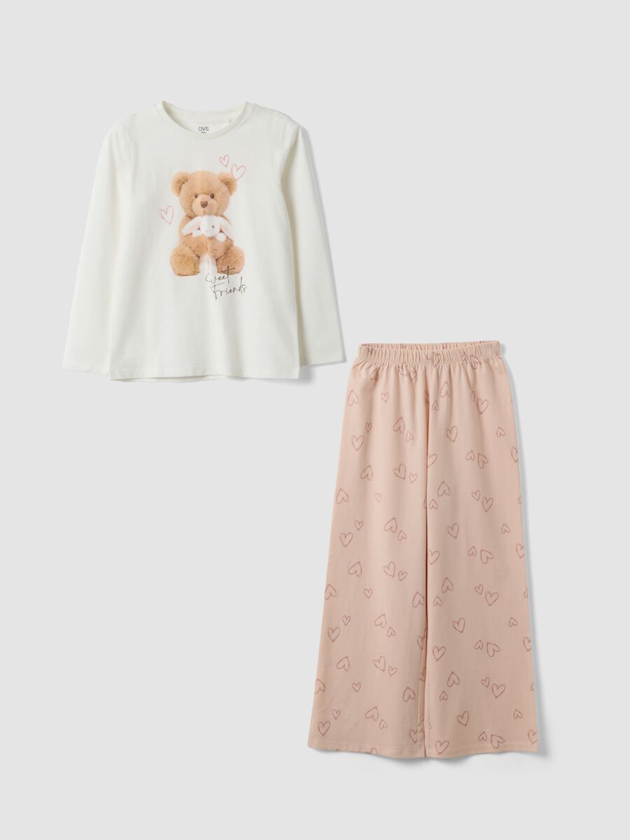 White and pink pure organic cotton pyjamas with teddy bear for girls_0