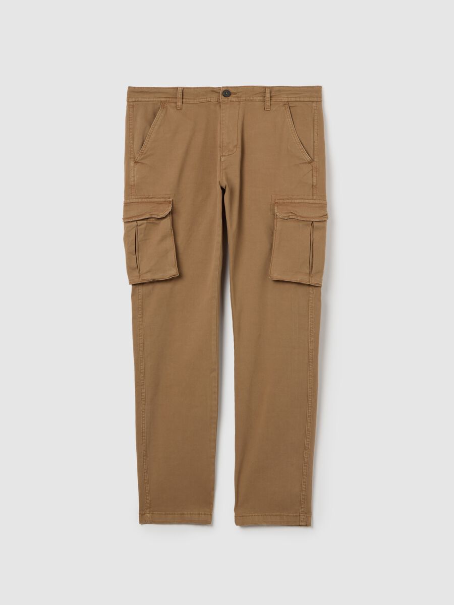 Brown stretch cotton slim fit cargo trousers_4