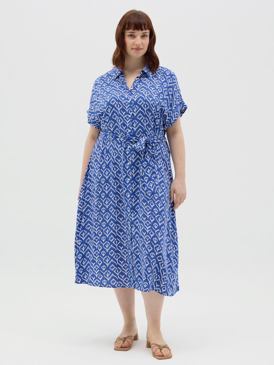 Curvy blue viscose dress with geometric motif_0