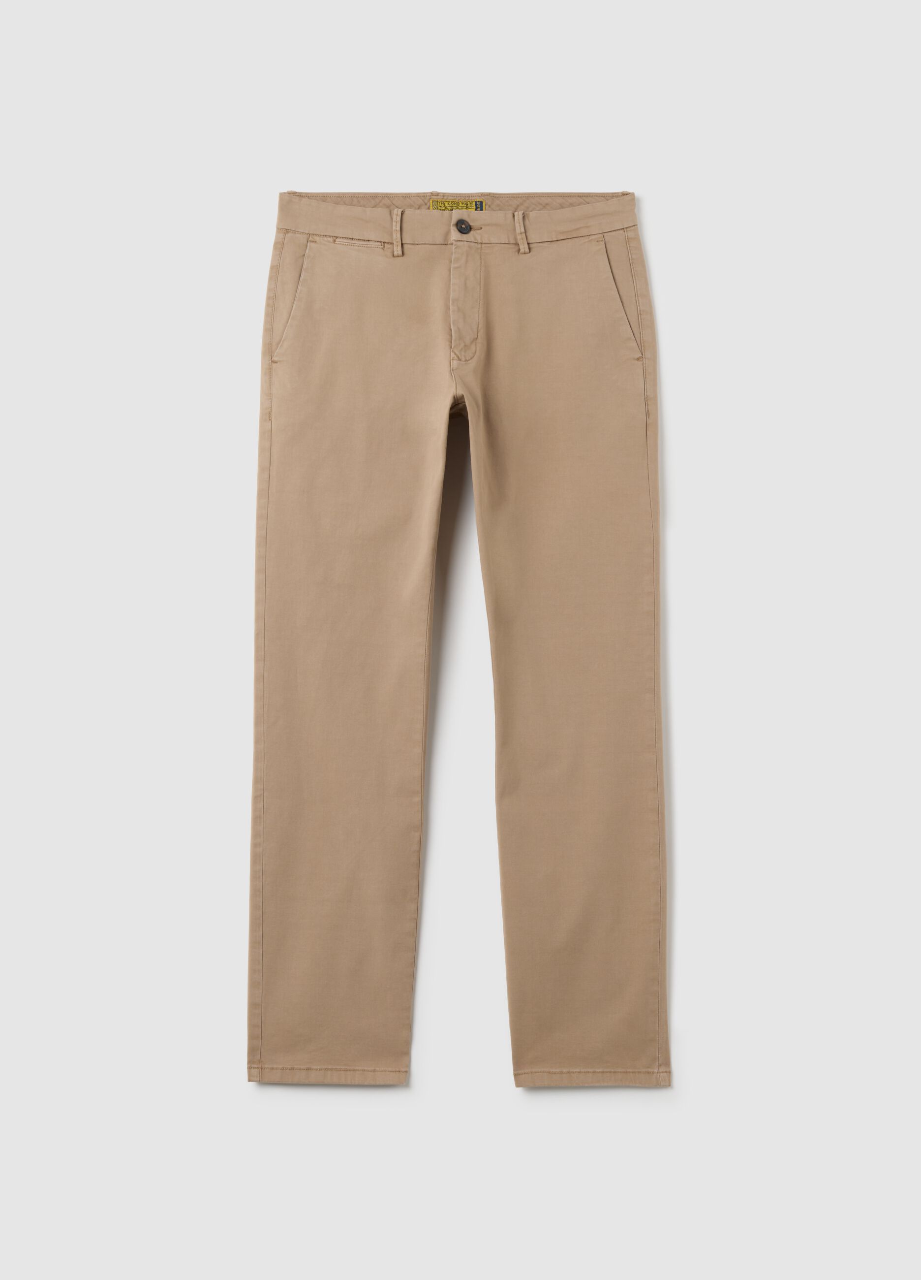 Beige Stretch Cotton Regular Fit Trousers