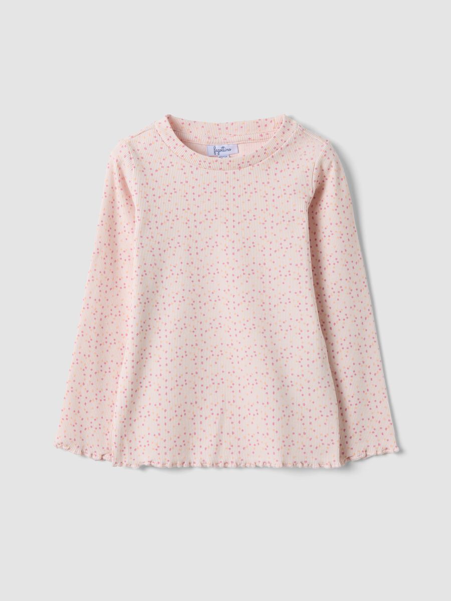 Maglietta rosa in cotone organico elasticizzato a pois slim fit per bimba_0