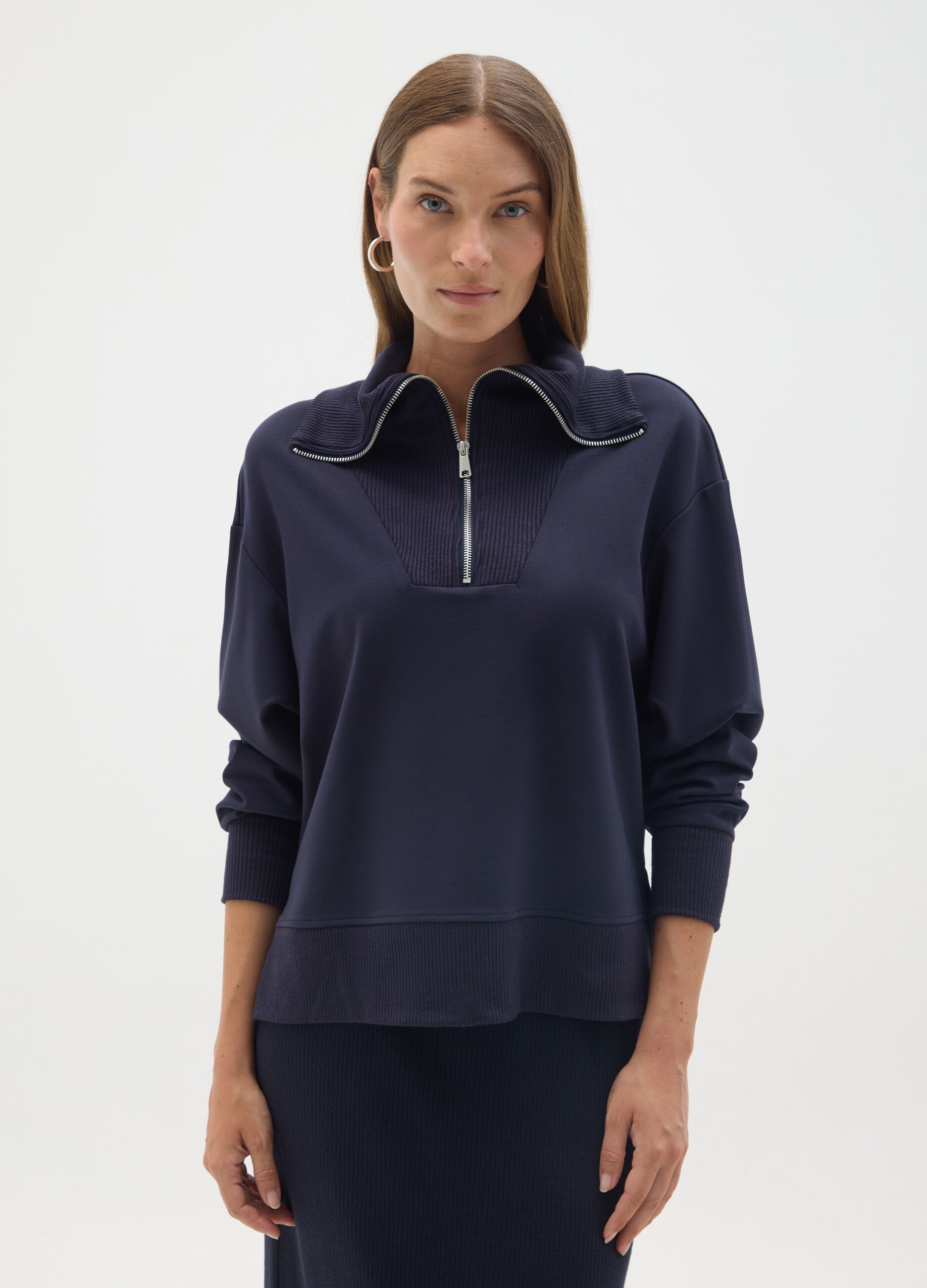 Blue maternity sweatshirt with half zip