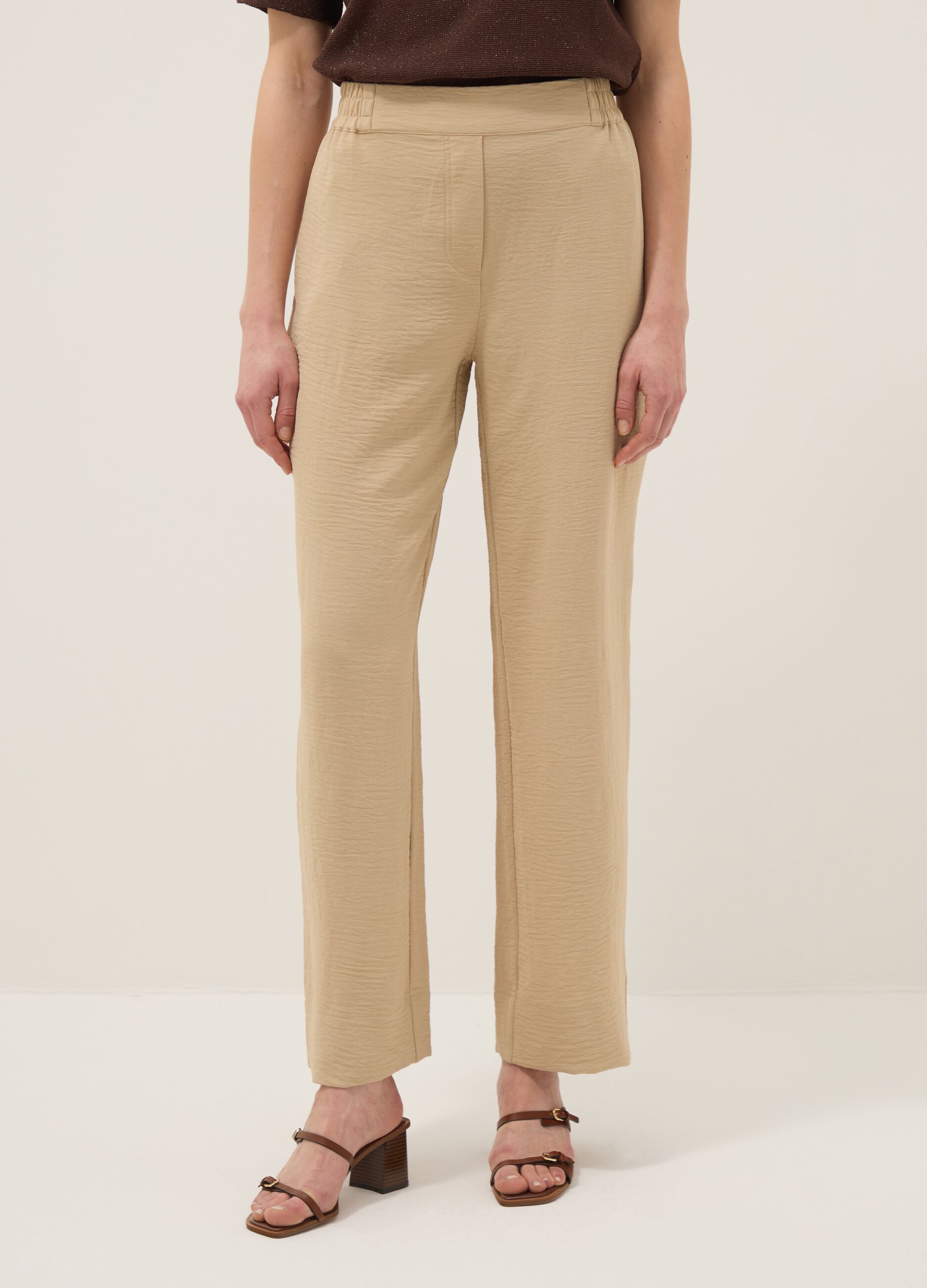 Beige wide-leg trousers with elasticated waist