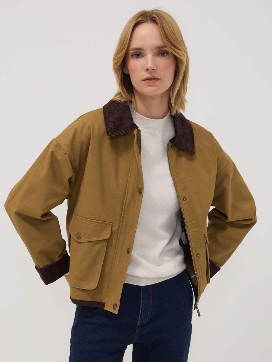 Brown pure-cotton jacket with ribbed collar_0