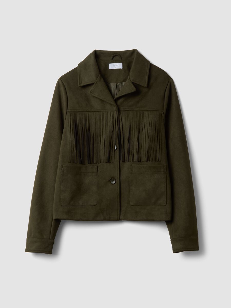 Giacca verde con frange e tasche applicate_0