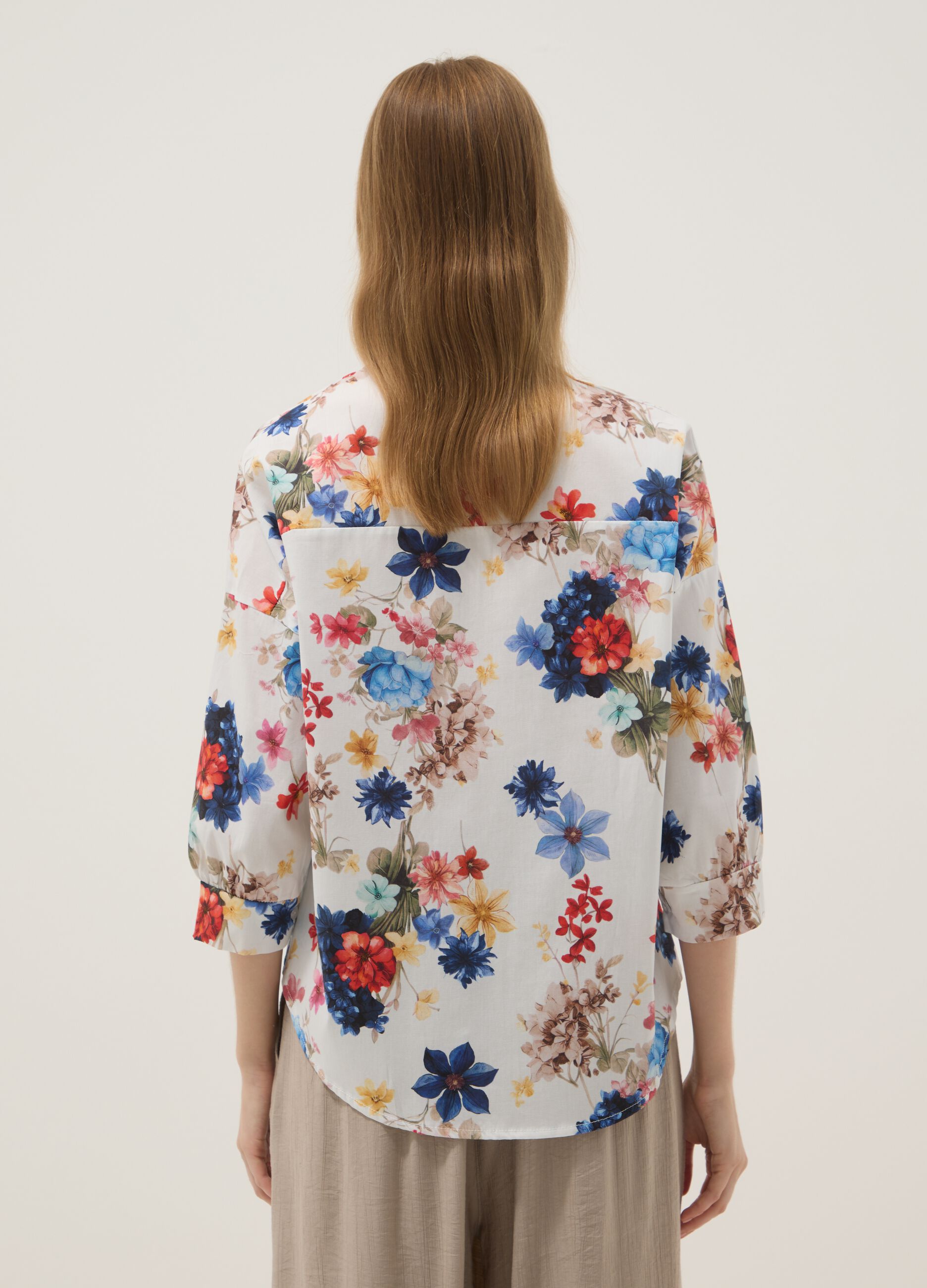 White stretch cotton floral shirt