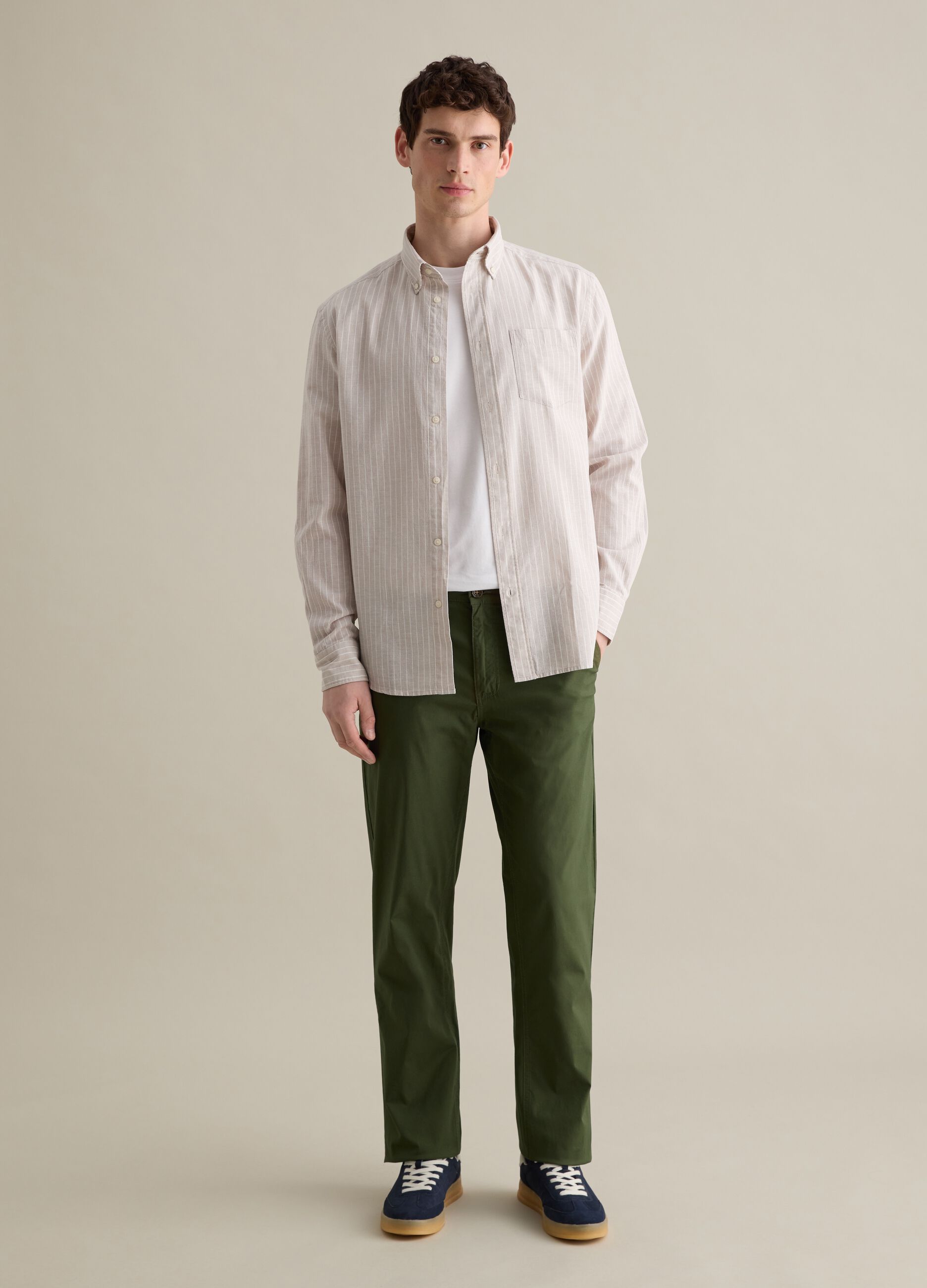 Beige striped regular shirt in cotton and linen