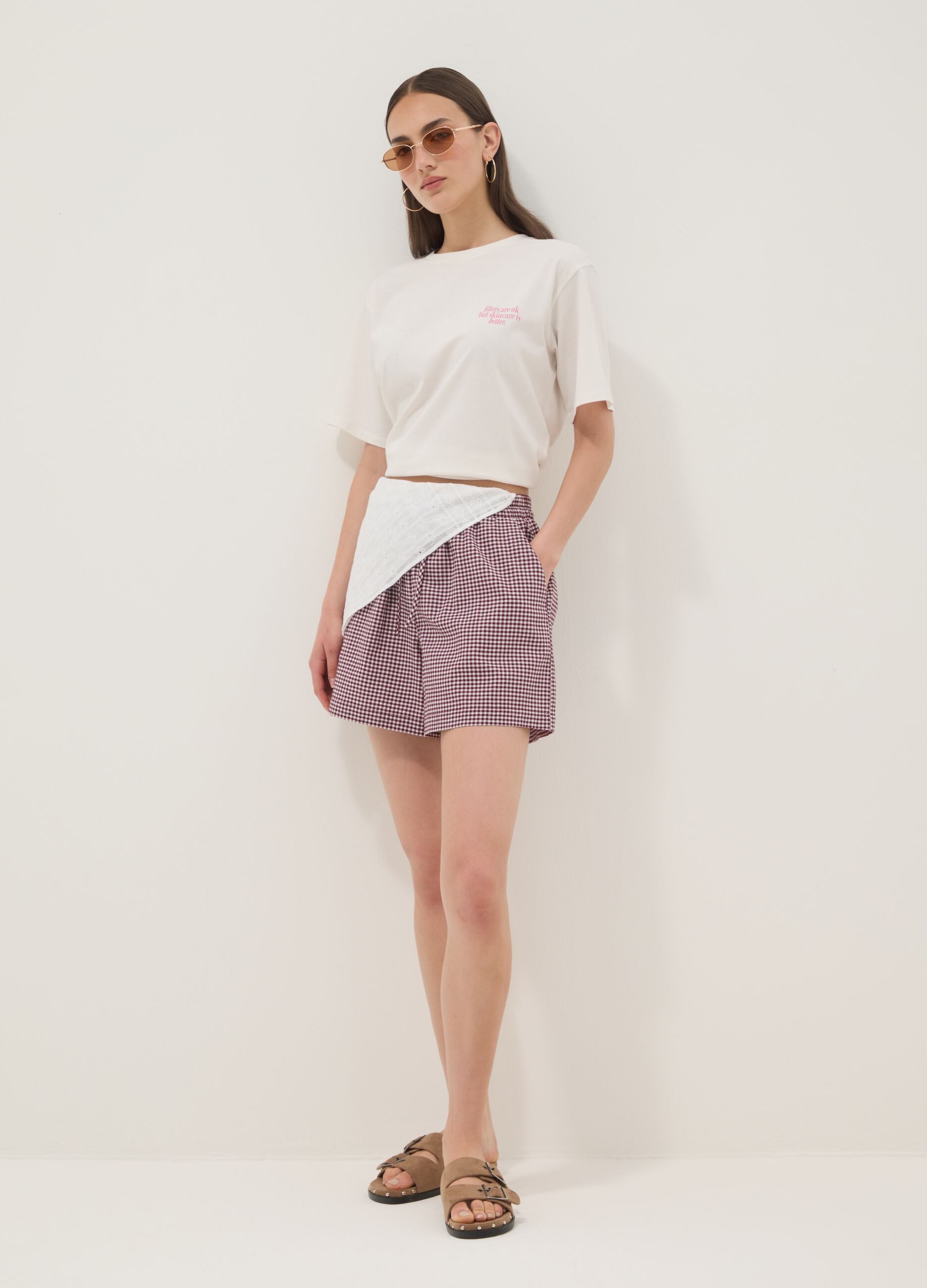 White pure cotton T-shirt with beauty slogan, relaxed fit