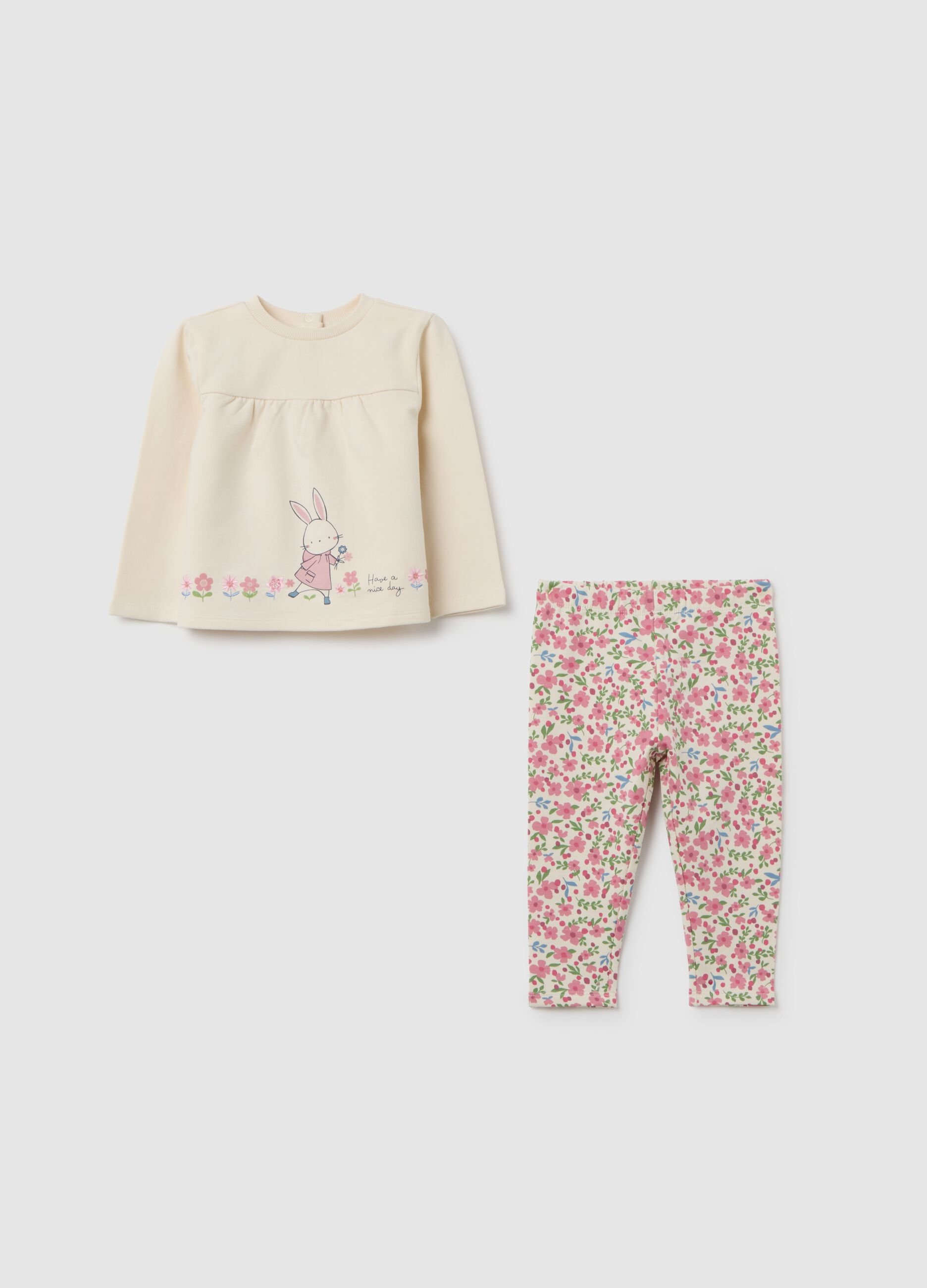 Beige cotton blend girls' outfit with print
