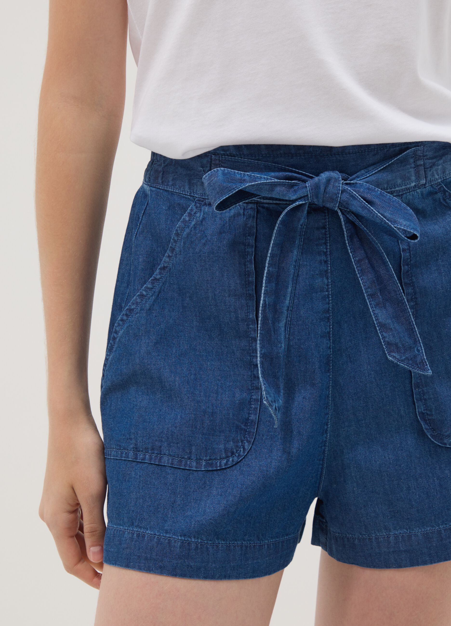 Blue pure cotton denim shorts with elasticated waist, regular fit