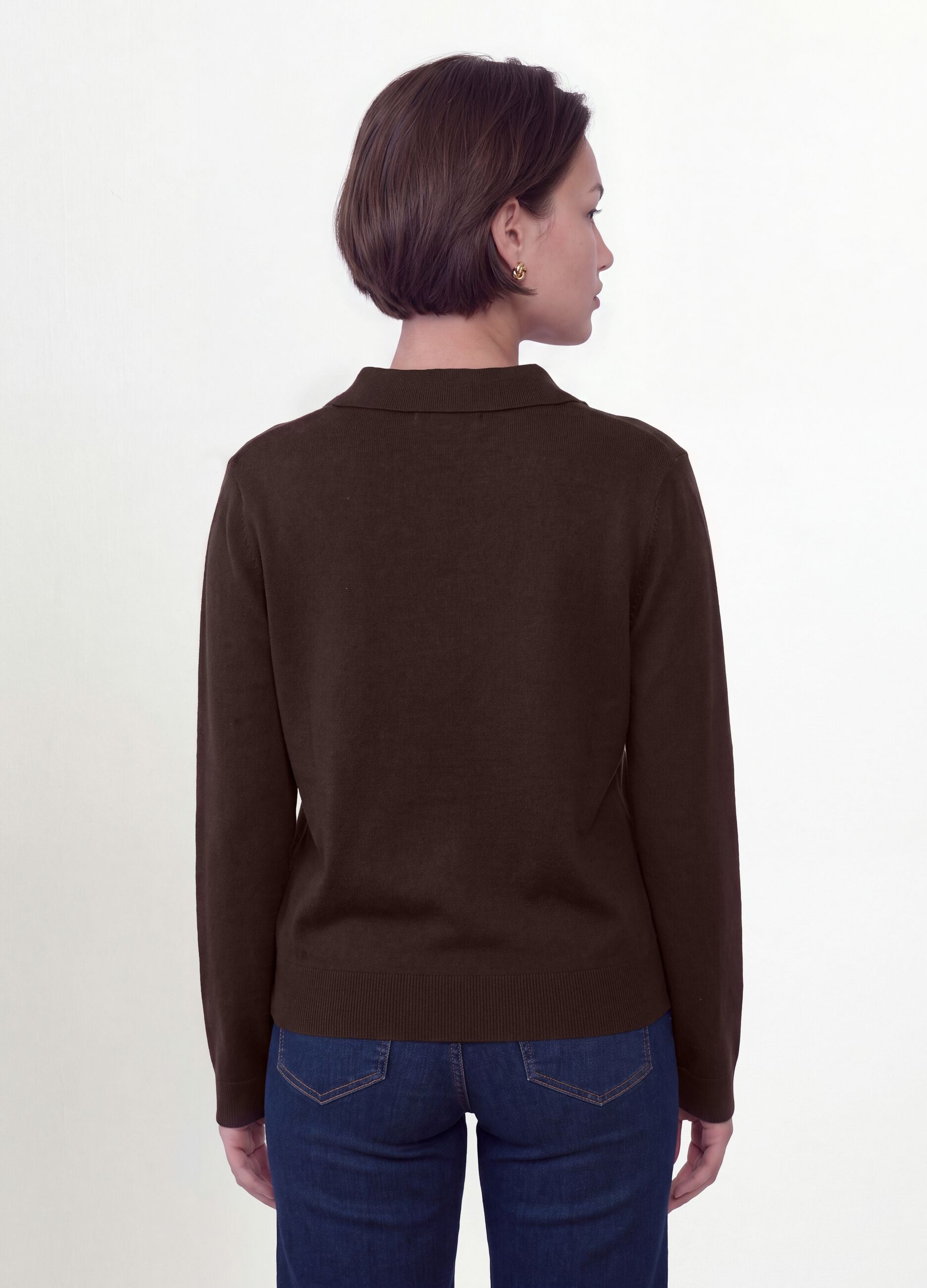 Brown viscose-blend polo-collar jumper with relaxed fit