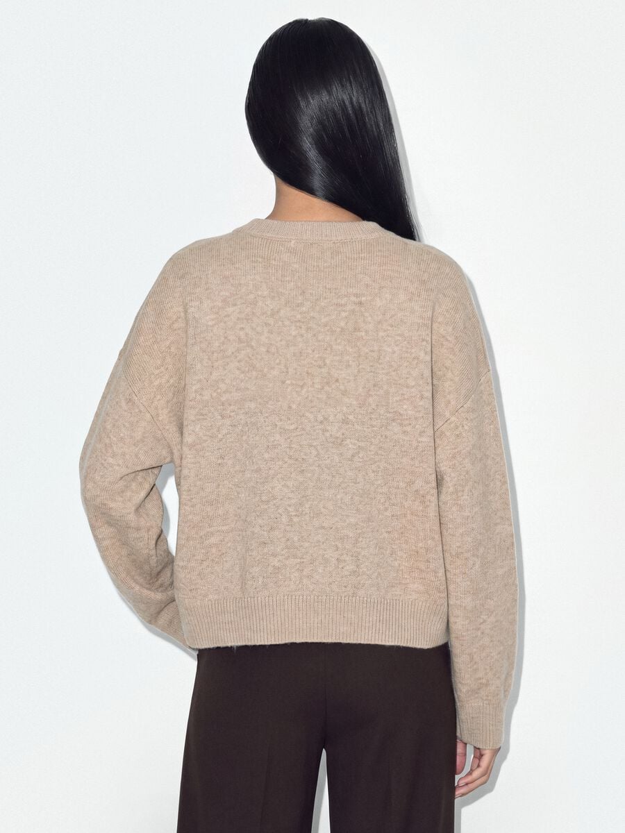 Beige stretch-fabric crew-neck cardigan with oversized fit_3