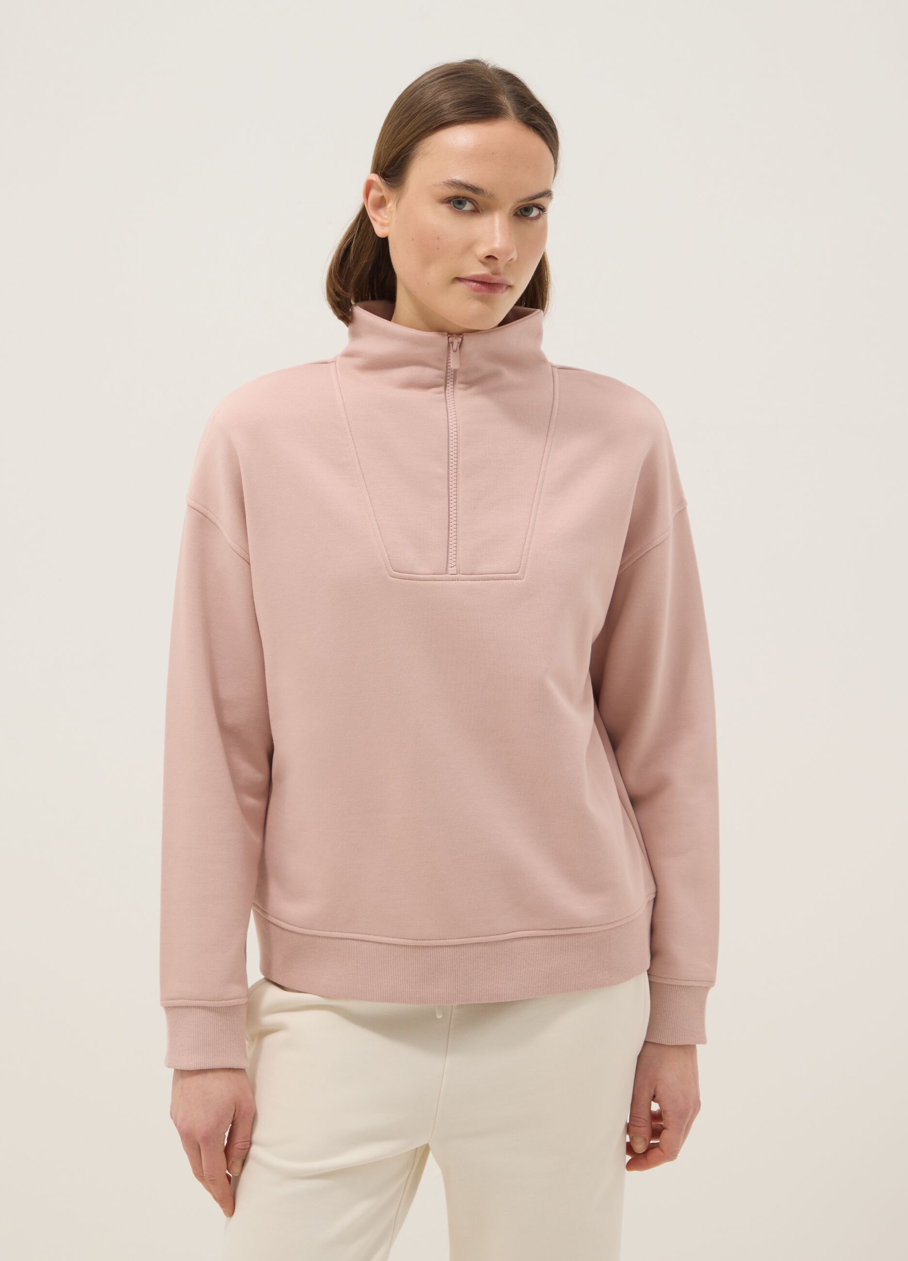 Felpa in misto cotone rosa regular fit con mezza zip e collo alto