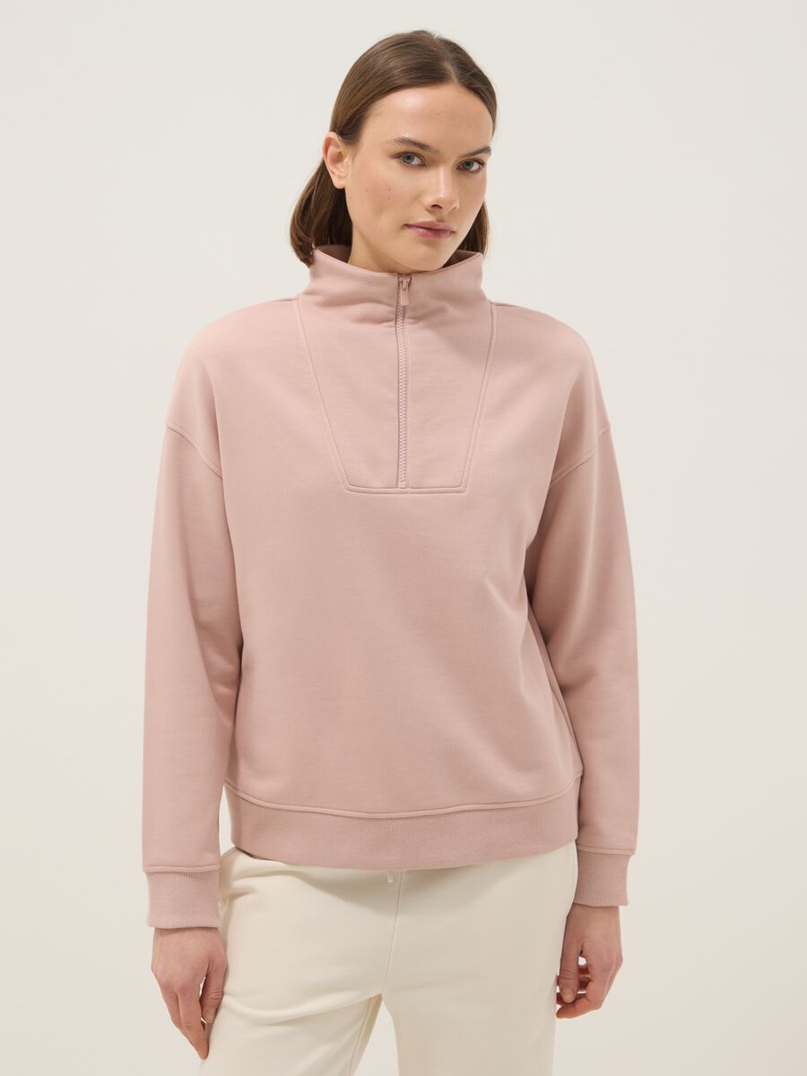 Regular fit pink cotton blend sweatshirt with half zip and high collar_0