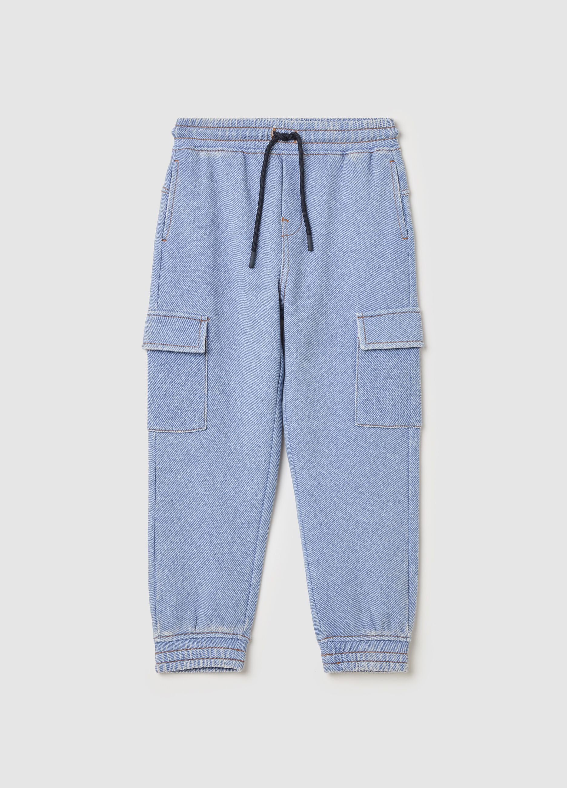Denim-effect cargo joggers with drawstring