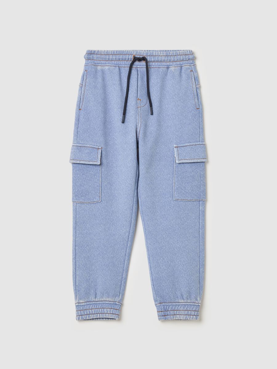 Denim-effect cargo joggers with drawstring_0