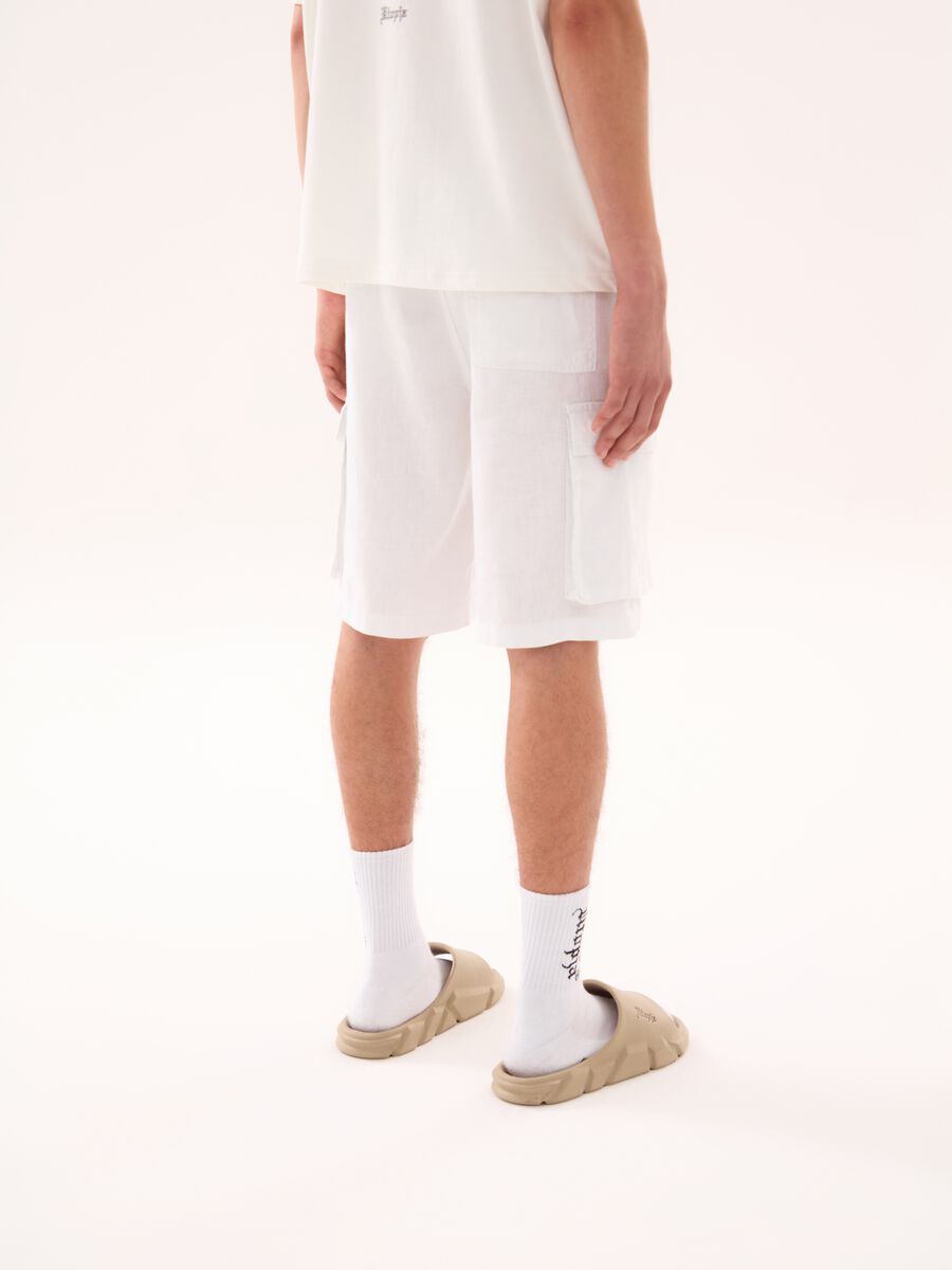 100% Linen Cargo Shorts White_2