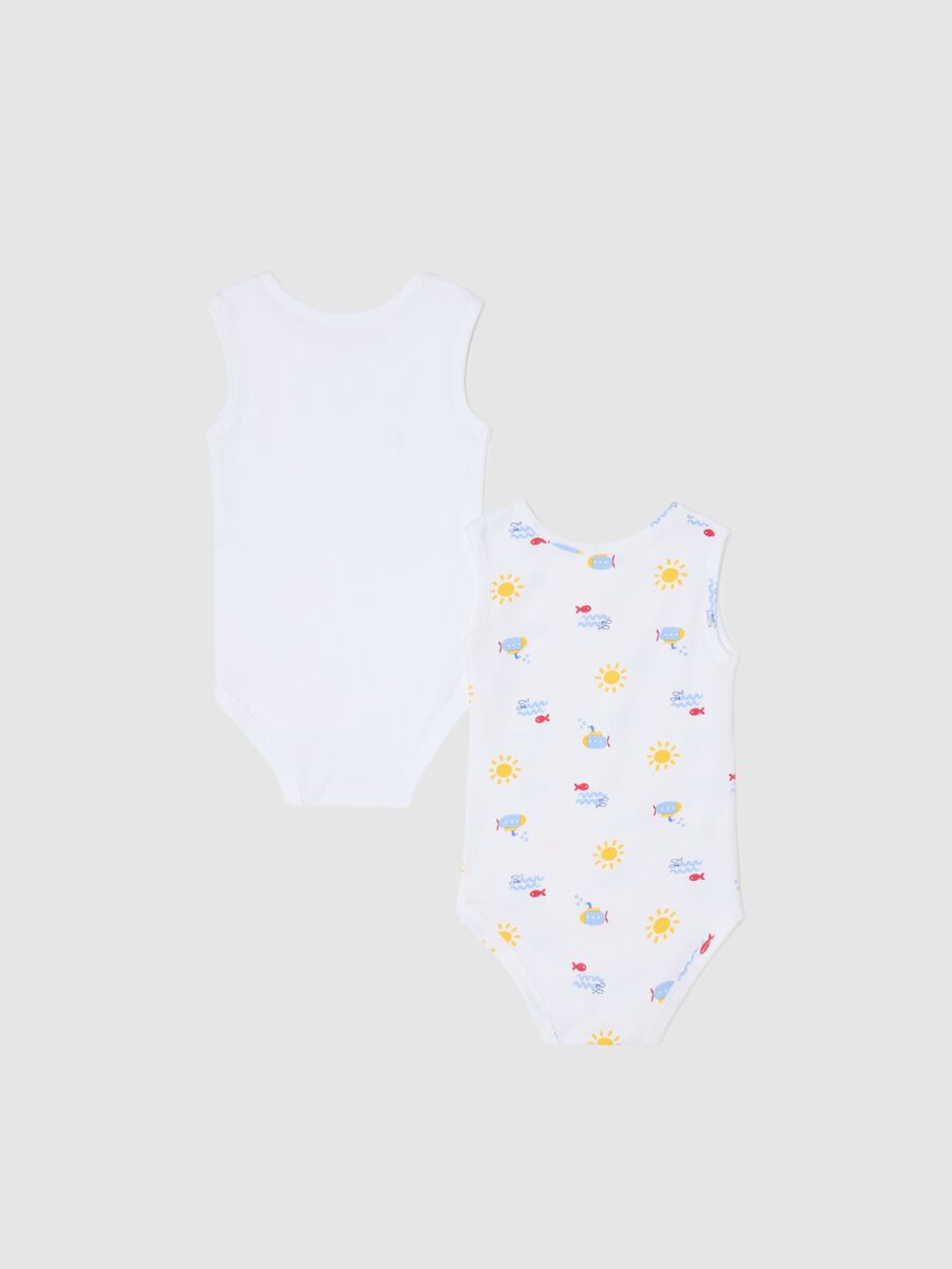Two-pack white sleeveless bodysuits in organic cotton with print_1