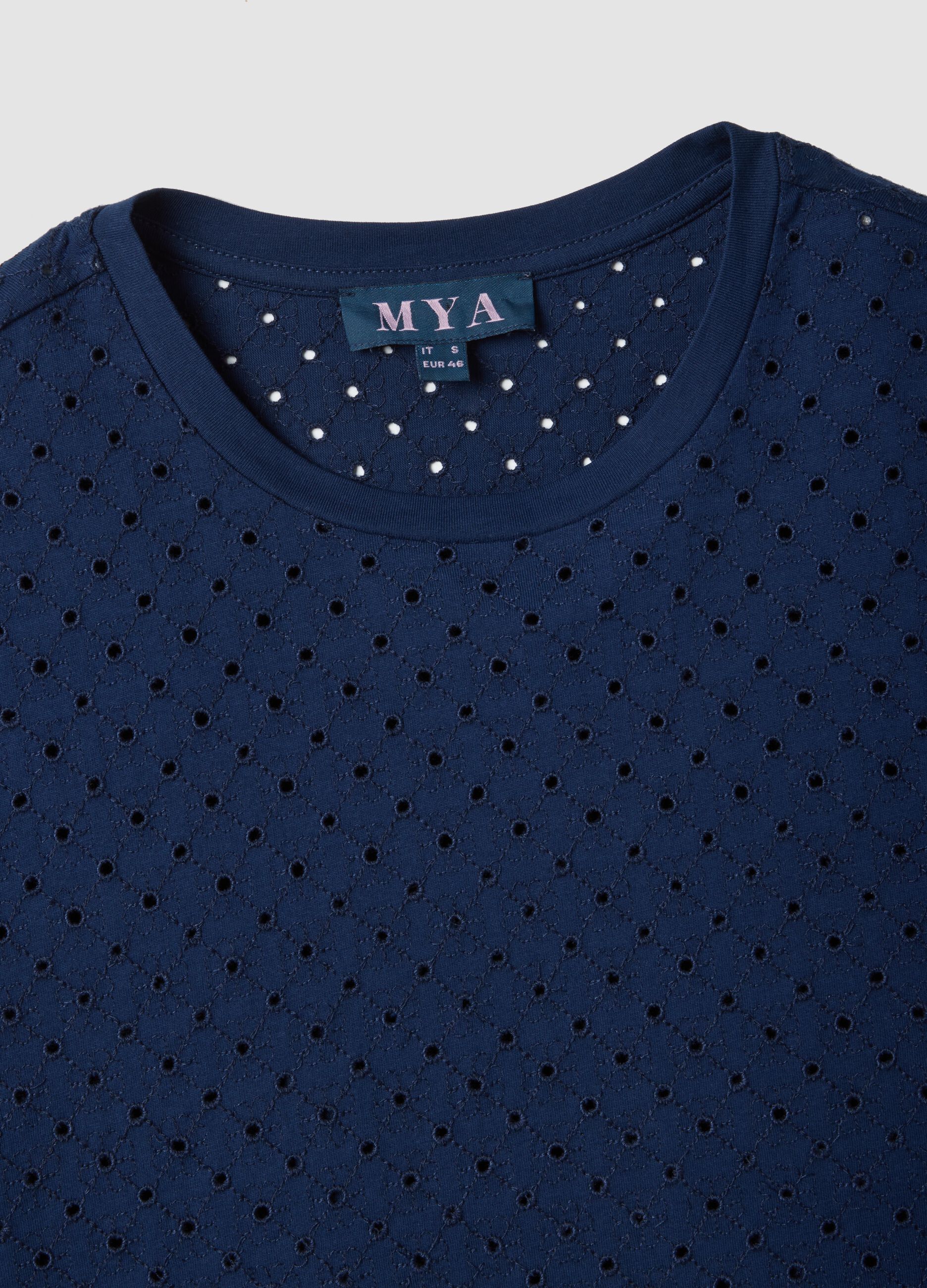 Blue open-knit cotton-blend T-shirt