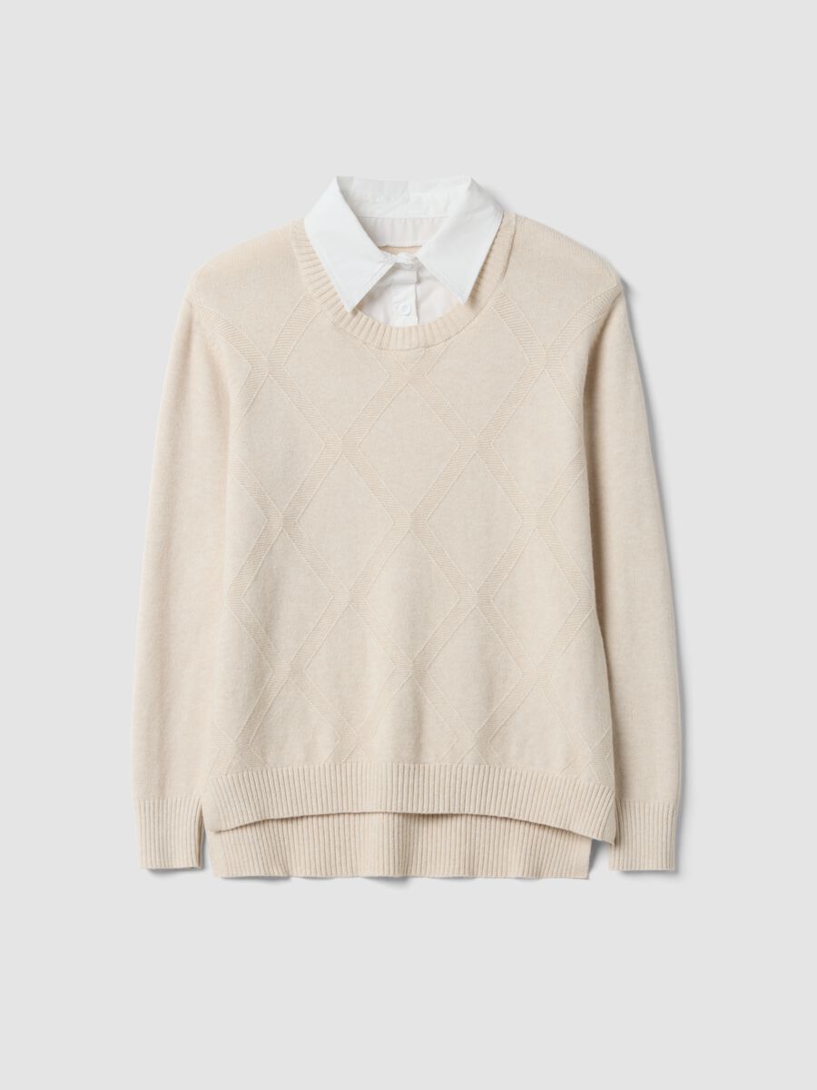 Beige viscose-blend knit top with shirt collar_0
