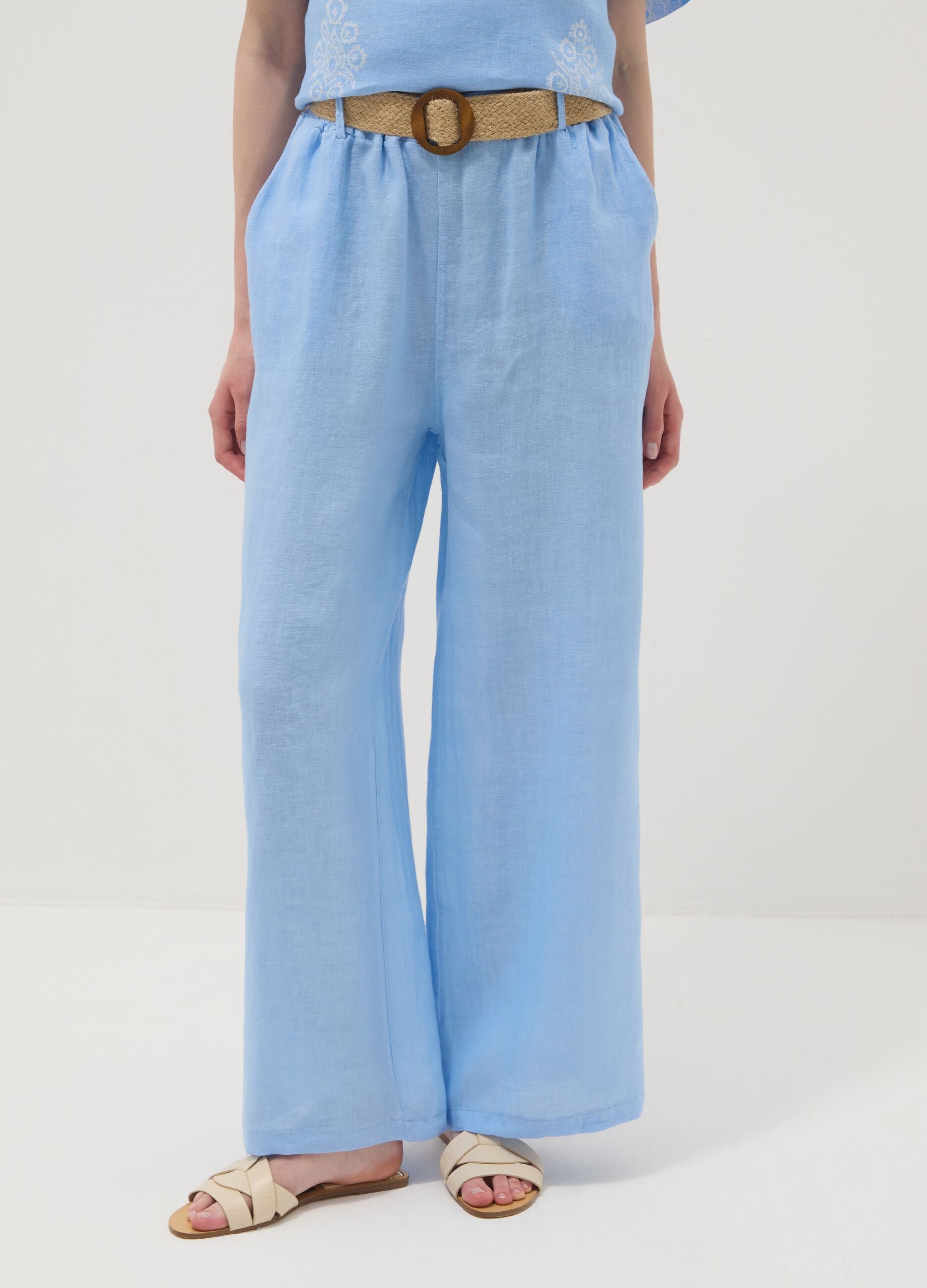 Sky-blue pure linen wide-leg trousers with elasticated waist