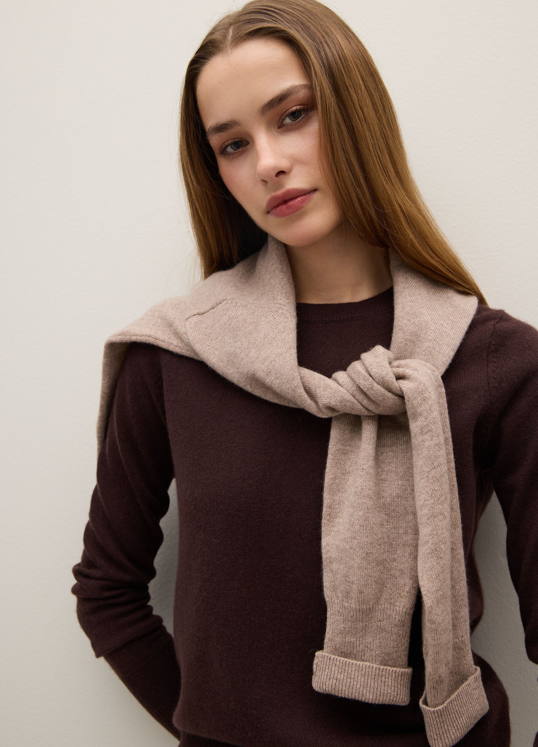 Brown crew neck sweater in pure cashmere, regular fit