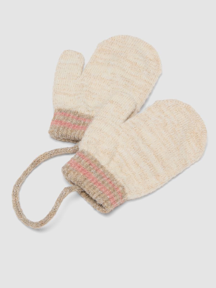 Set cappello e muffole beige in tessuto elasticizzato_1