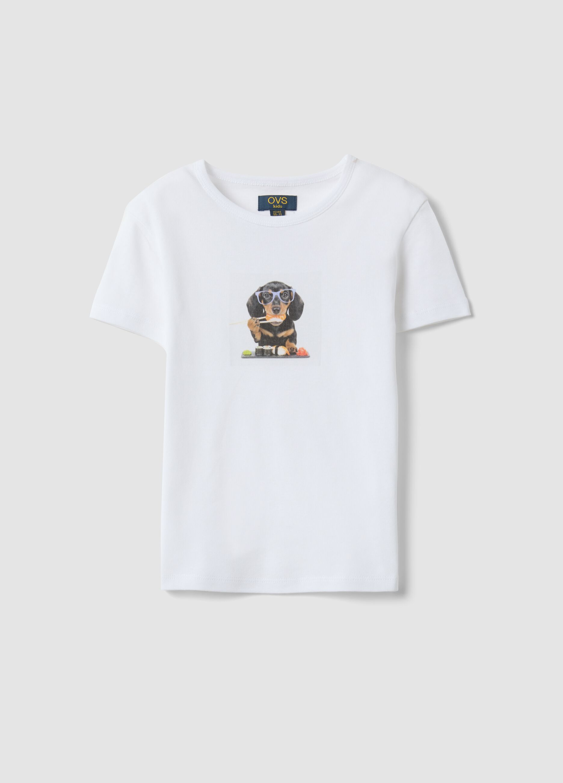 Girls&rsquo; white pure cotton slim-fit T-shirt with dog print