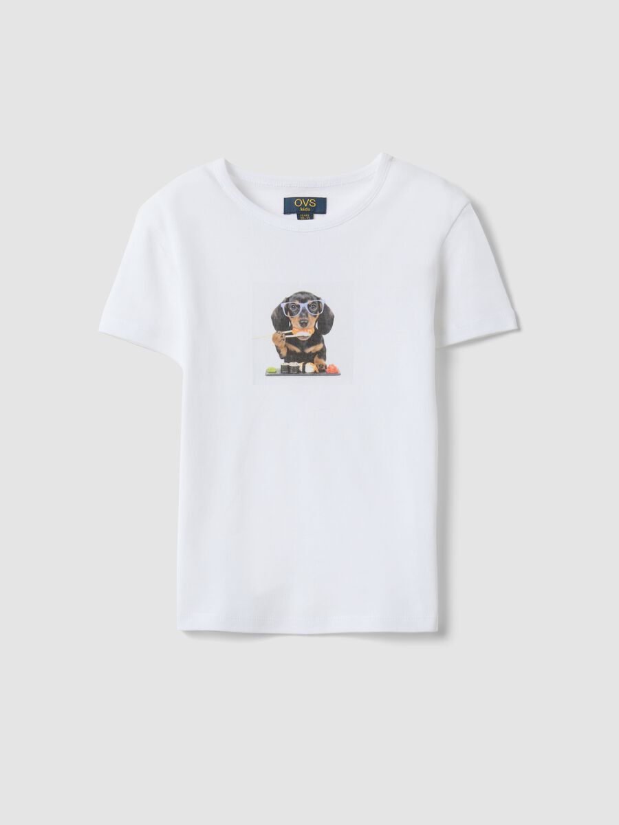 T-shirt bianca in puro cotone da ragazza slim fit con stampa cane_3
