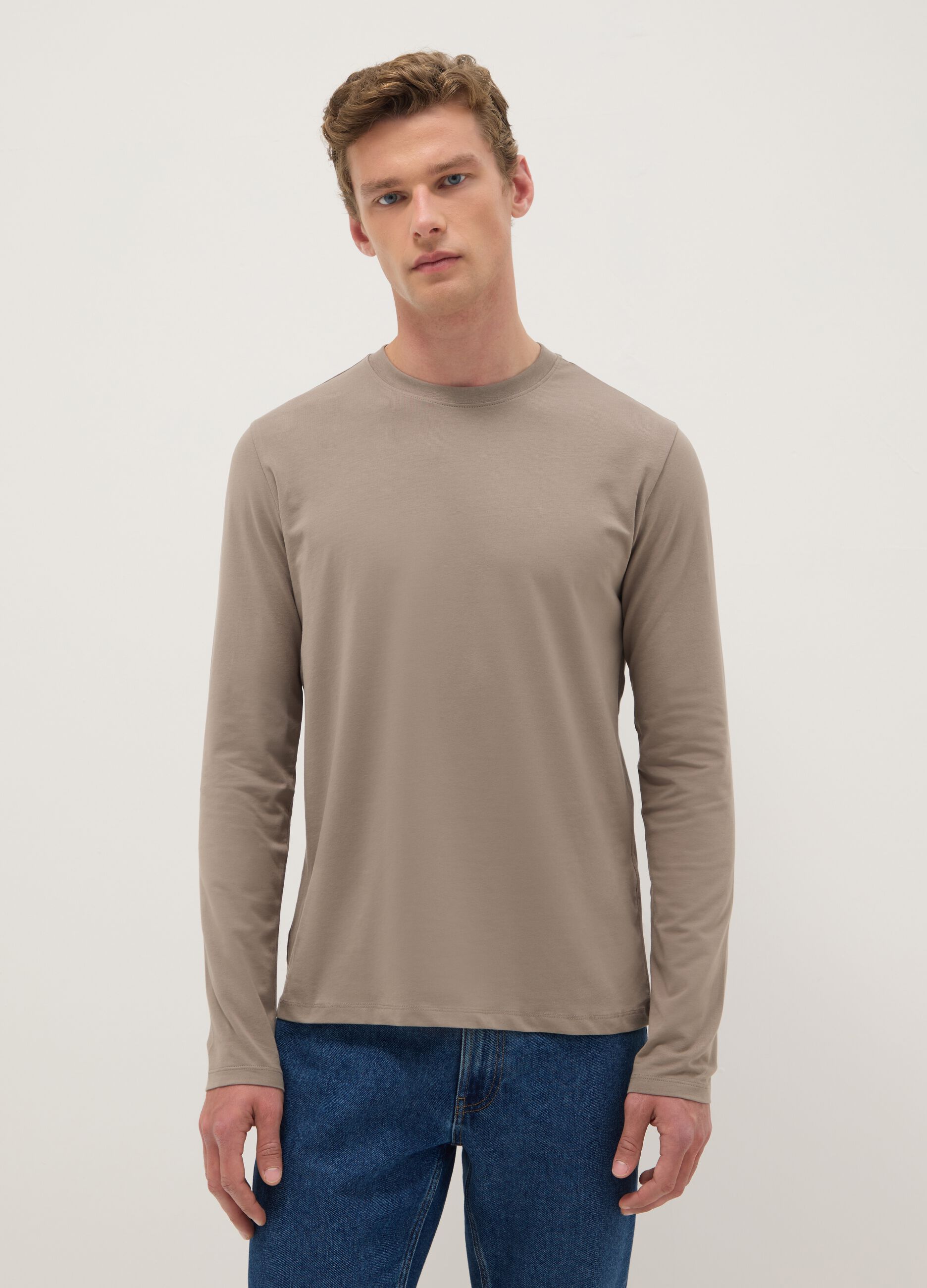 Beige long-sleeve stretch cotton t-shirt regular fit