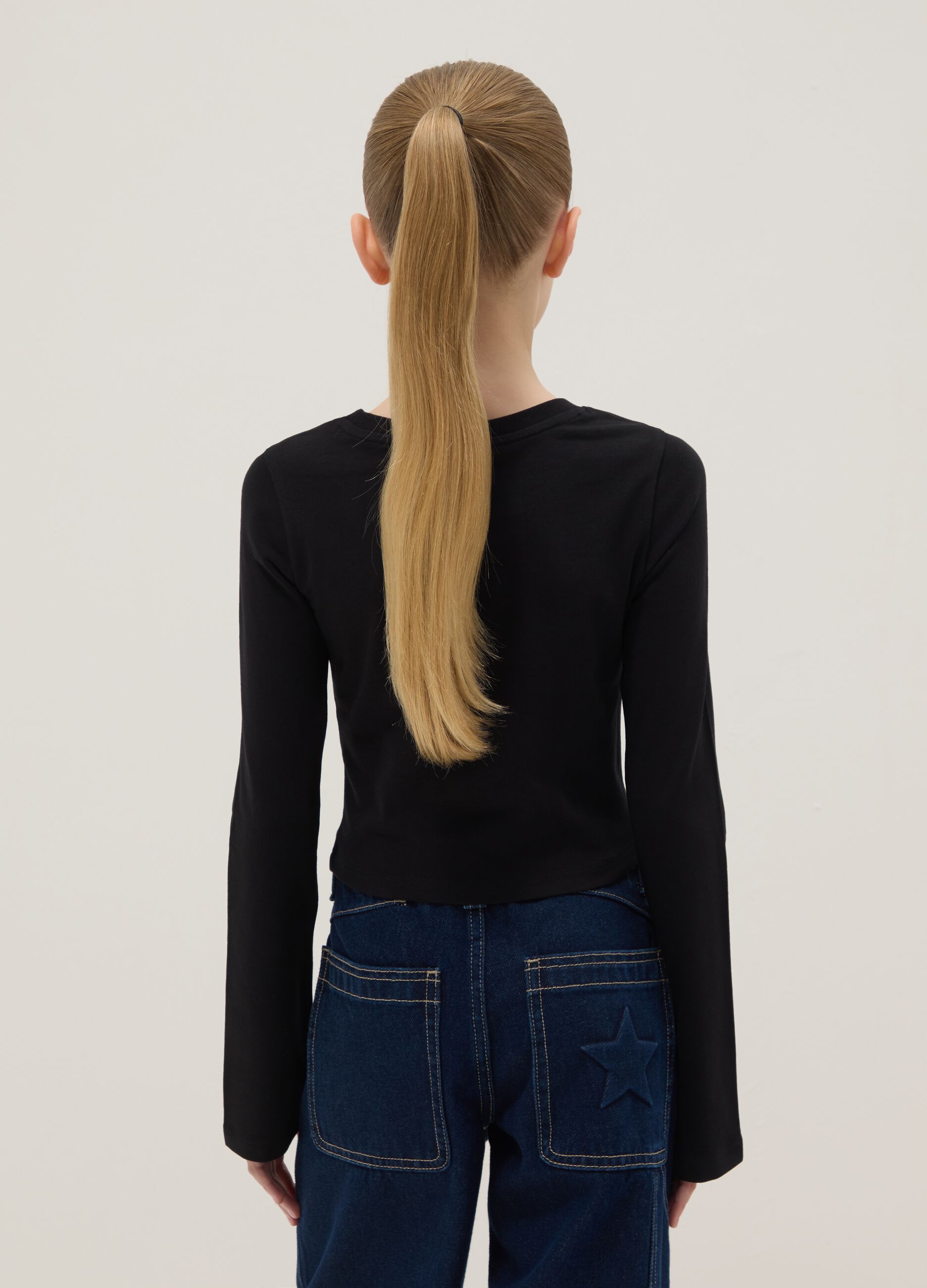 Girls&rsquo; black stretch-cotton slim-fit T-shirt with slogan