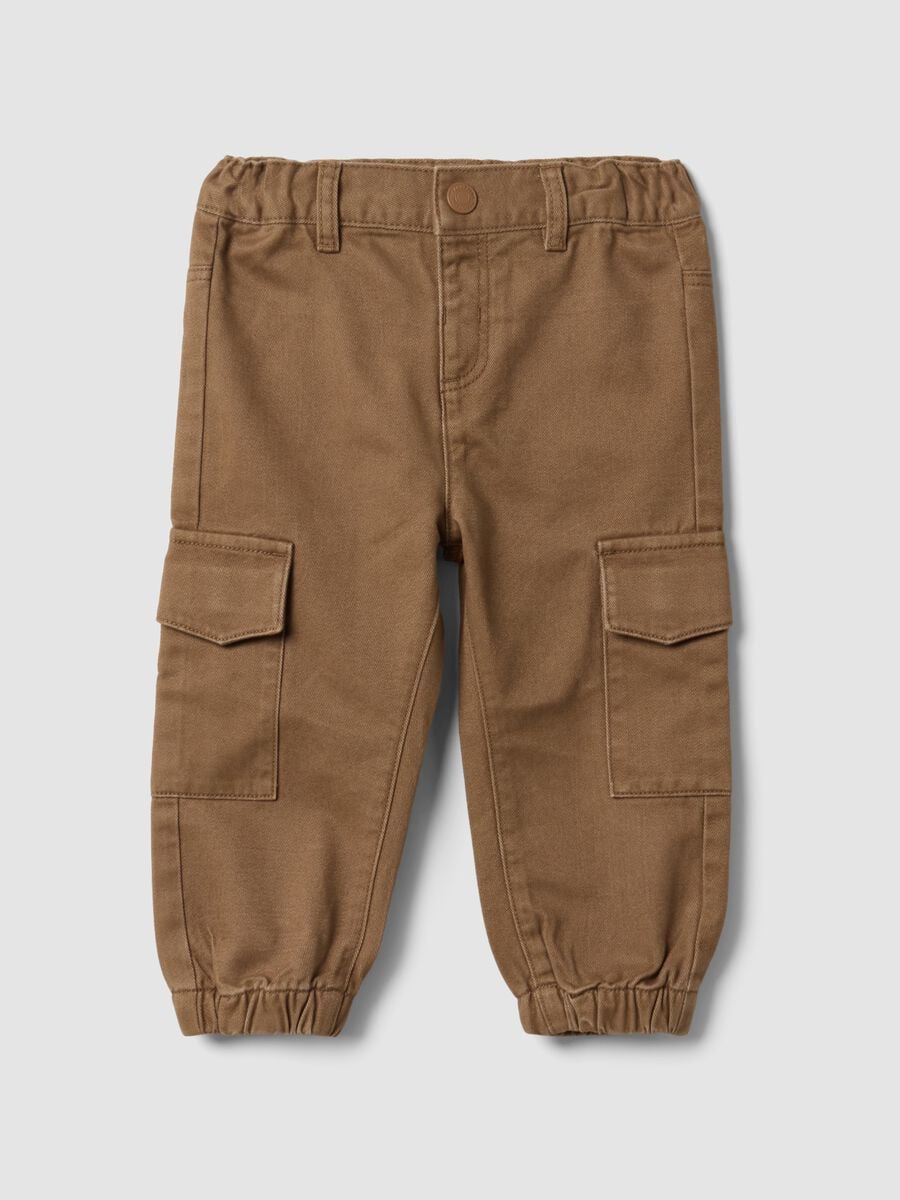 Brown pure cotton cargo trousers for baby boy_0