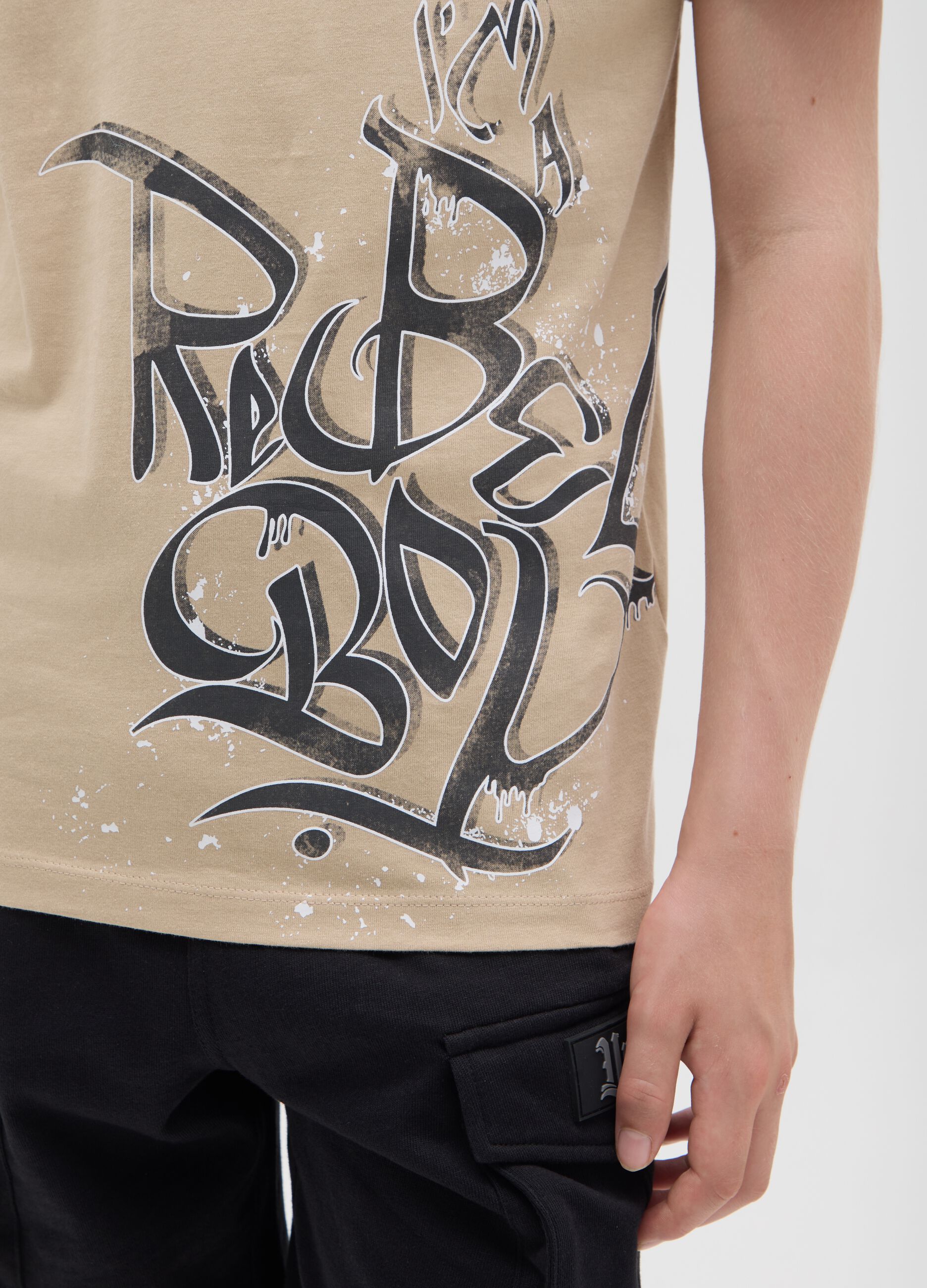 Beige cotton T-shirt with lettering print