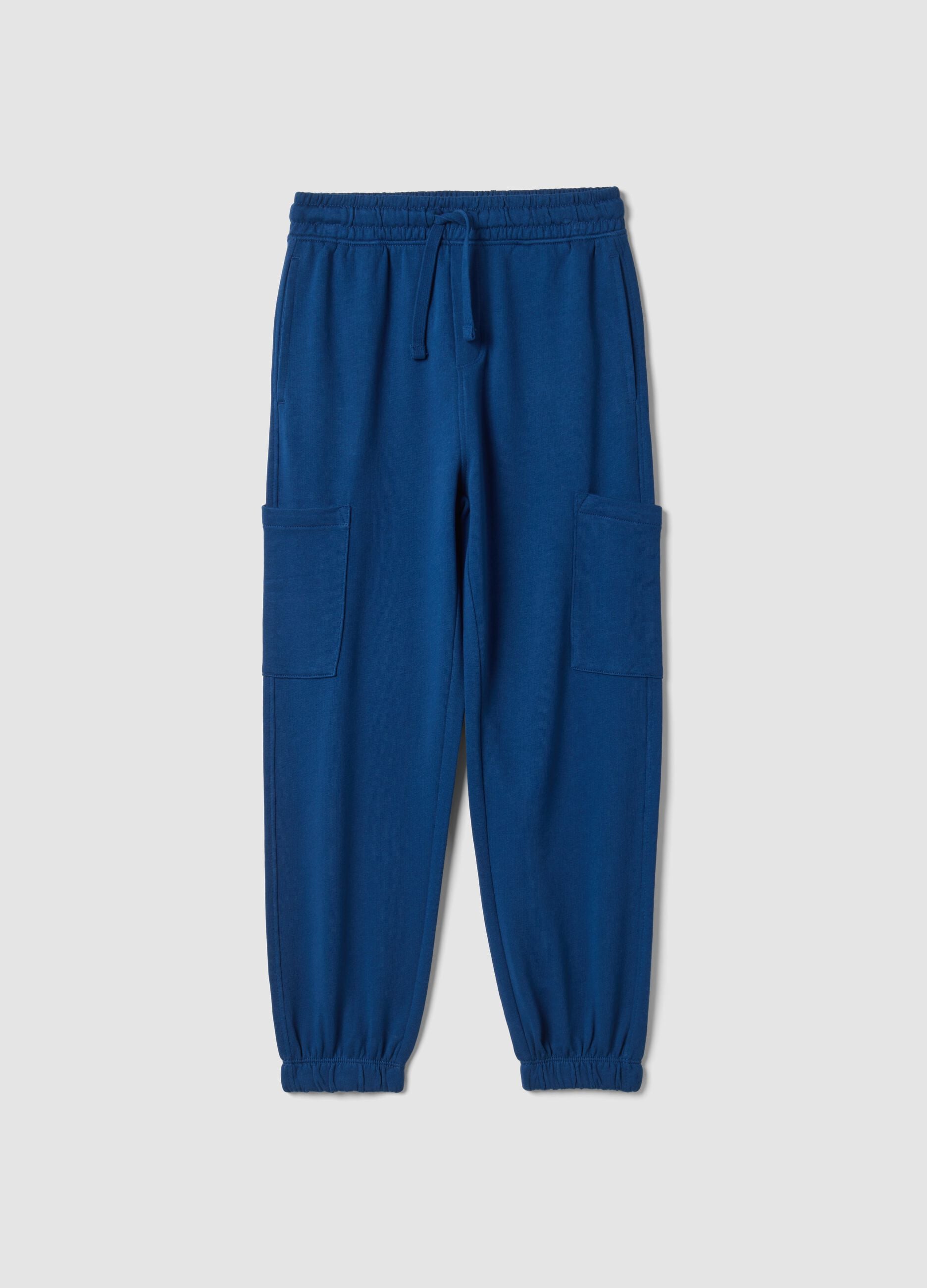 Pantaloni jogger blu in puro cotone con tasche cargo relaxed fit