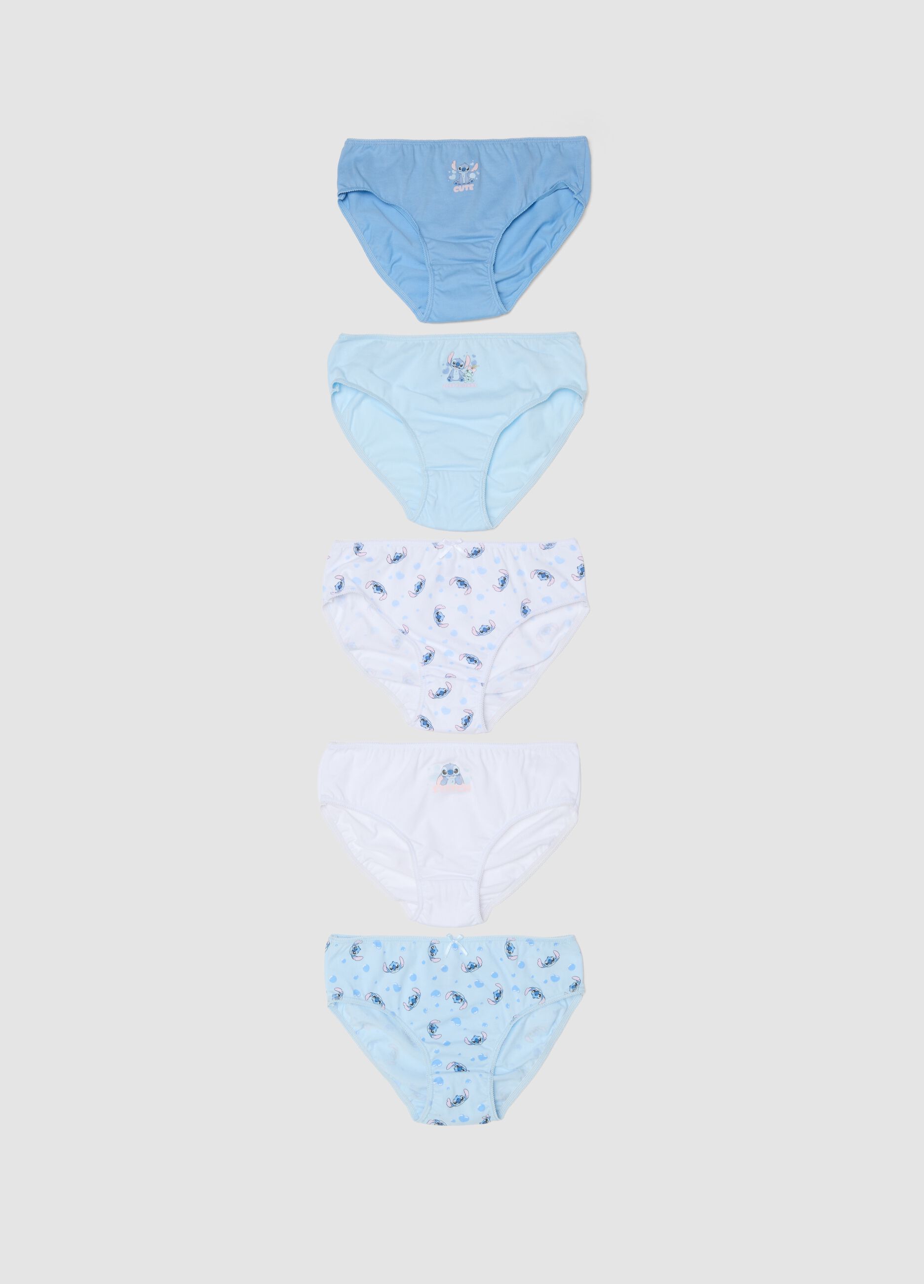 5-pack of blue organic cotton briefs with a Lilo & Stitch character
