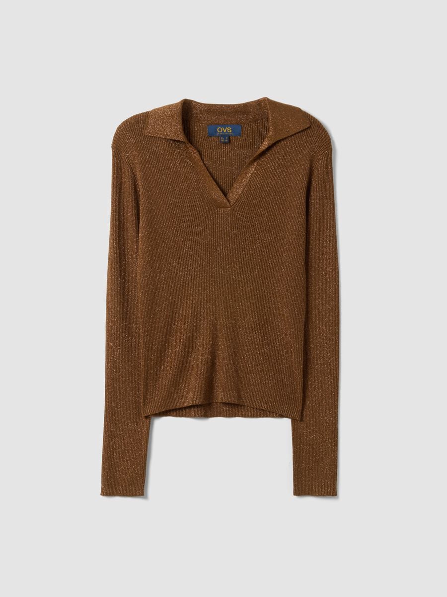 Maglia marrone in misto viscosa a costine con collo polo_4