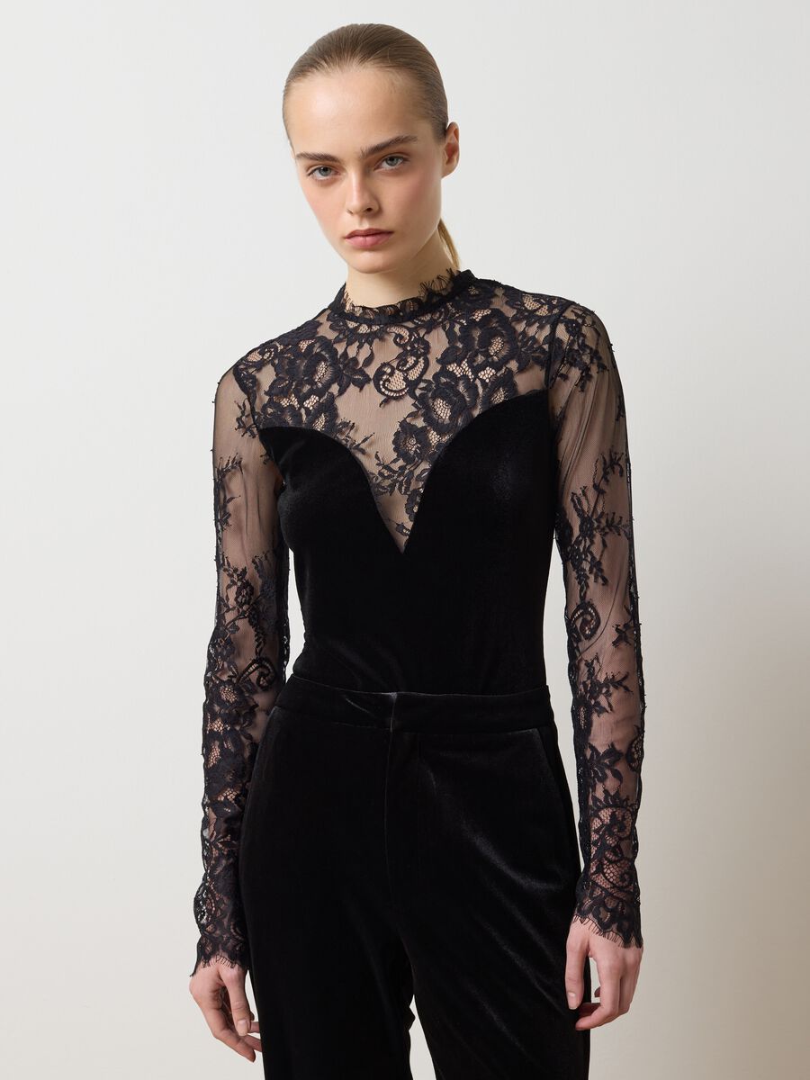 Black stretch fabric bodysuit with sheer details_2