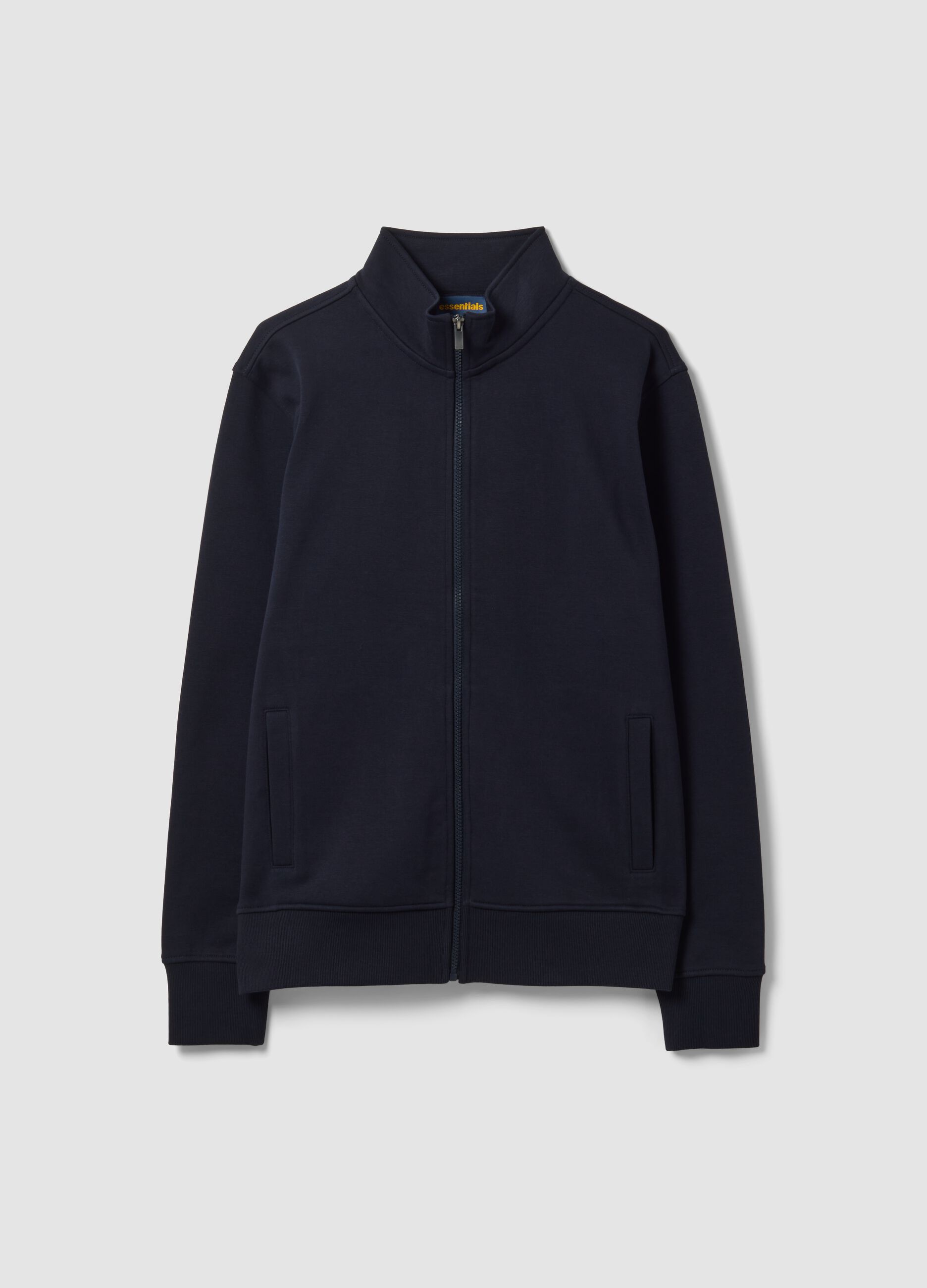 Blue cotton-blend sweatshirt with crew neck and zip, regular fit