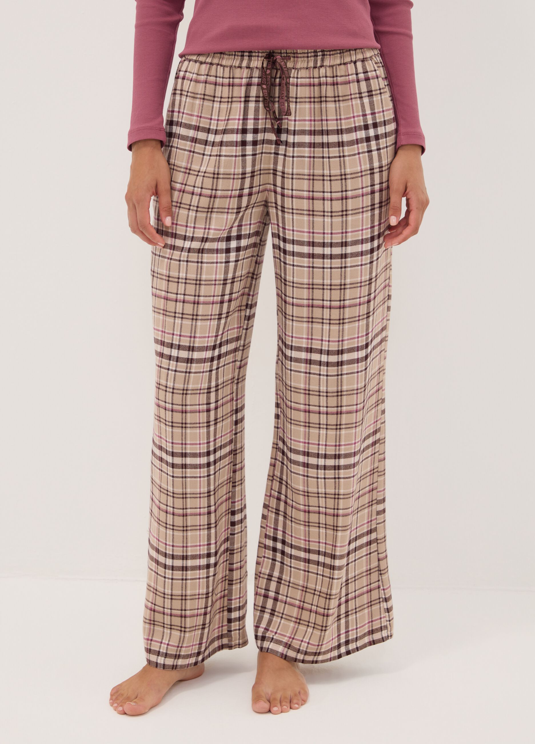 Beige pure viscose checked pyjama trousers