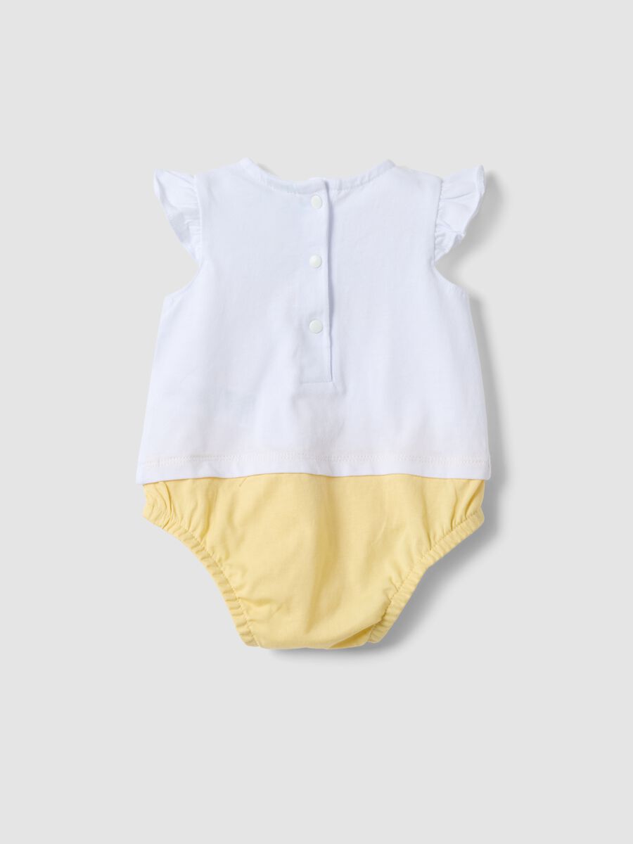Yellow and white organic cotton baby bodysuit with frills_1